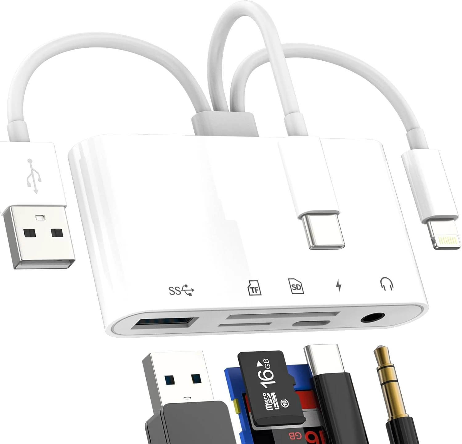 کارت خوان SD به آداپتور لایتنینگ USB C USB برای آیفون 17 16 15 14 13 پرو مکس (5 در 3) 3.5 میلی متری TF دوربین دیجیتال لوازم جانبی شارژر اسپلیتر مک بوک تاندربولت مموریا دوگانه کامپیوتر پاور لایتنینگ دانگل