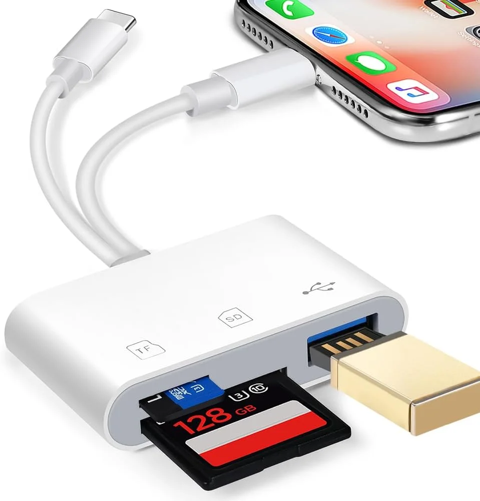 کارت خوان SD برای آیفون و آیپد، کارت خوان حافظه hua xun yuan با پورت دوگانه داخلی و آداپتور کارت با 3 اسلات SD/MicroSD/USB-A، بدون نیاز به برنامه، اتصال و پخش کارت خوان SD برای آیفون و آیپد، کارت خوان حافظه hua xun yuan با پورت دوگانه داخلی و آداپتور کارت با 3 اسلات SD/MicroSD/USB-A، بدون نیاز به برنامه، اتصال و پخش