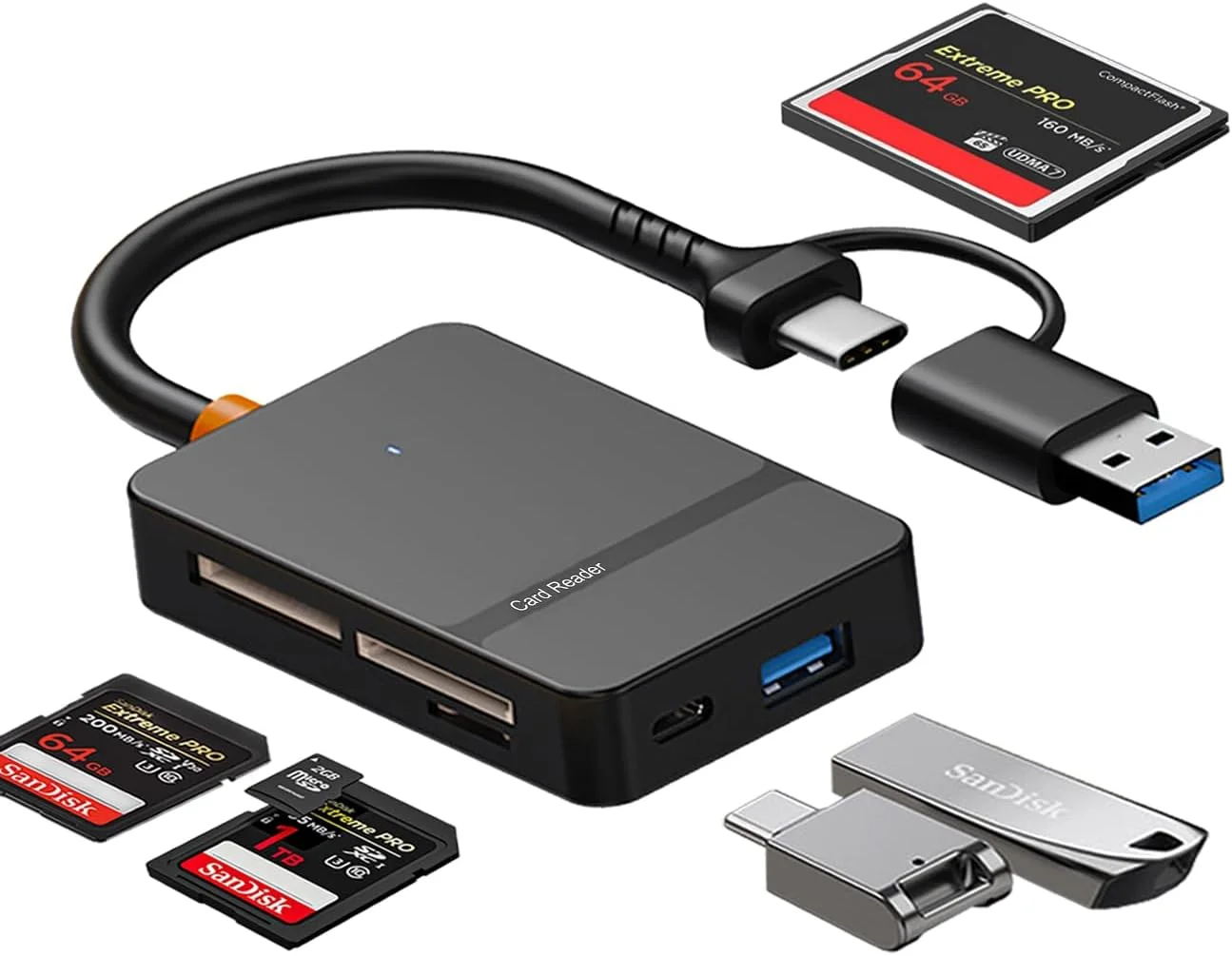 کارت خوان چند منظوره USB C USB 3.0 با رابط دوگانه، آداپتور OTG، دارای 4 اسلات کارت، پورت های USB C/A، سرعت 5 گیگابیت بر ثانیه، ظرفیت 2 ترابایت، مناسب برای کارت های SD MS CF TF، سازگار با iPhone/iPad/MacBook/Samsung کارت خوان چند منظوره USB C USB 3.0 با رابط دوگانه، آداپتور OTG، دارای 4 اسلات کارت، پورت های USB C/A، سرعت 5 گیگابیت بر ثانیه، ظرفیت 2 ترابایت، مناسب برای کارت های SD MS CF TF، سازگار با iPhone/iPad/MacBook/Samsung