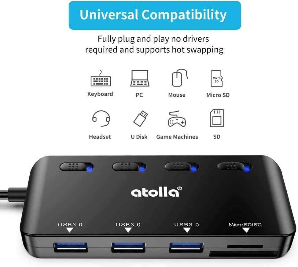 هاب USB آتولا با کارت خوان SD/Micro SD، اسپلیتر USB با 3 پورت USB، 2 اسلات کارت و سوئیچ های روشن/خاموش LED جداگانه