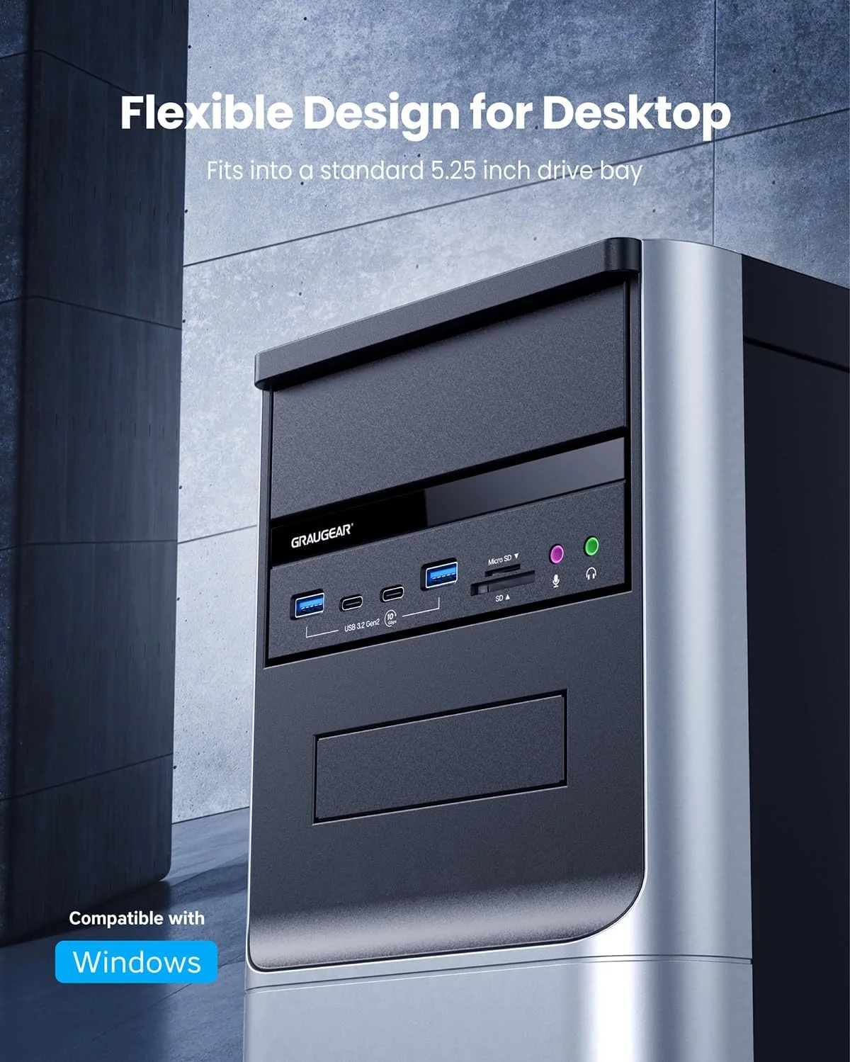 پنل جلویی کامپیوتر GRAUGEAR با پورت‌های صوتی، کارت‌خوان داخلی SD/microSD، هدر USB3.2 Type-E Key-A 20-Pin و هدر USB3.0 و کانکتور برق 15-Pin SATA مورد نیاز