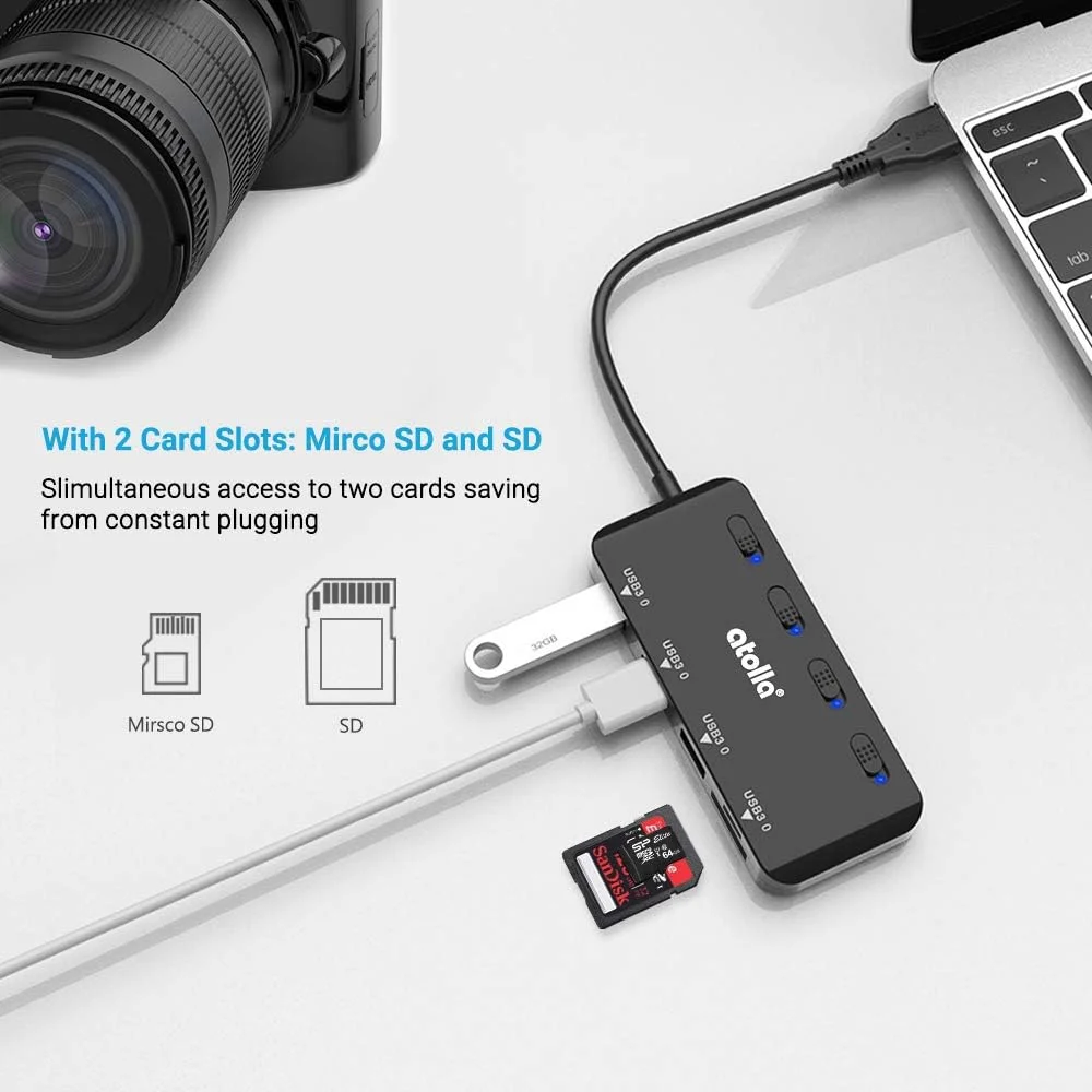 هاب USB آتولا با کارت خوان SD/Micro SD، اسپلیتر USB با 3 پورت USB، 2 اسلات کارت و سوئیچ های روشن/خاموش LED جداگانه