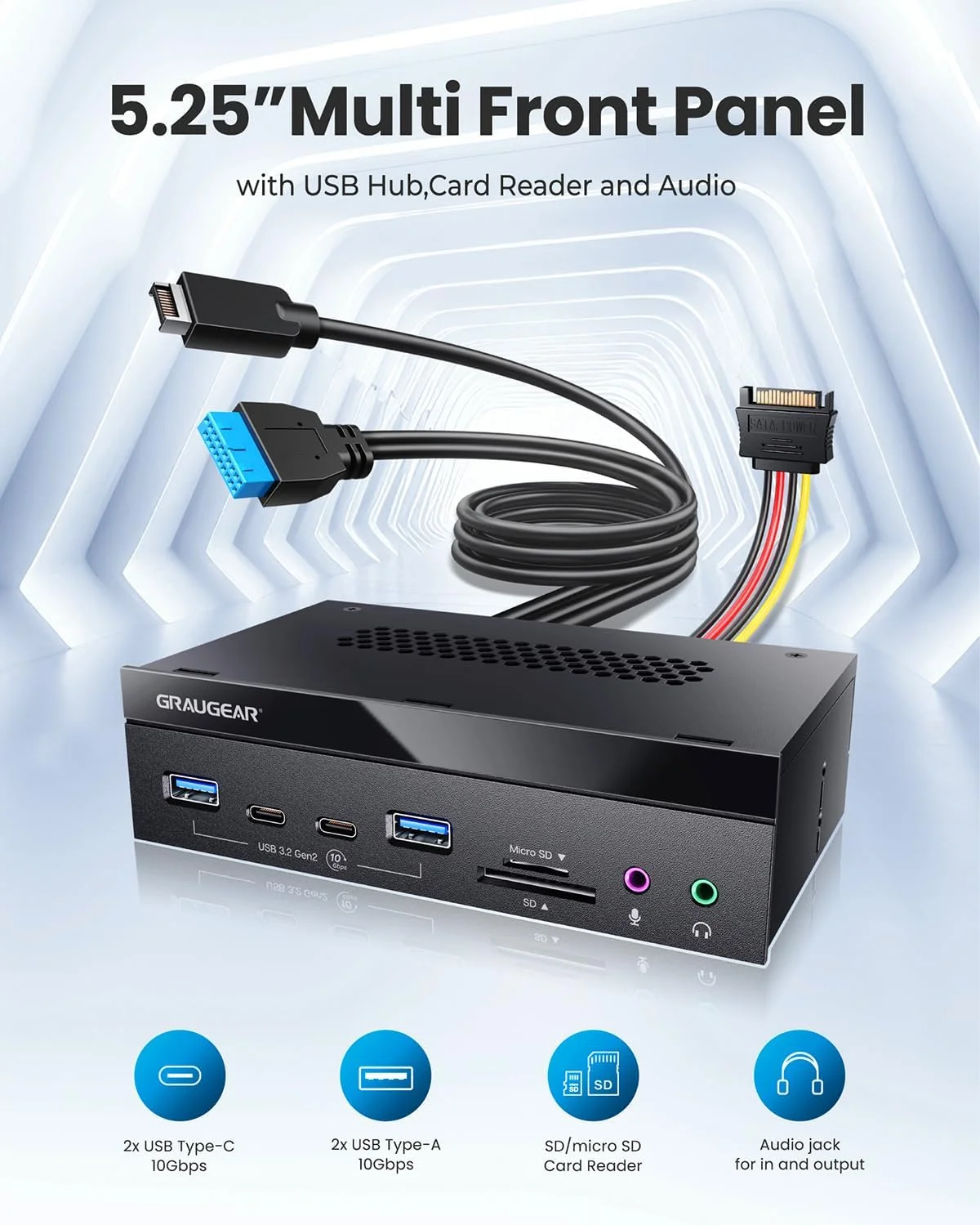 پنل جلویی کامپیوتر GRAUGEAR با پورت‌های صوتی، کارت‌خوان داخلی SD/microSD، هدر USB3.2 Type-E Key-A 20-Pin و هدر USB3.0 و کانکتور برق 15-Pin SATA مورد نیاز