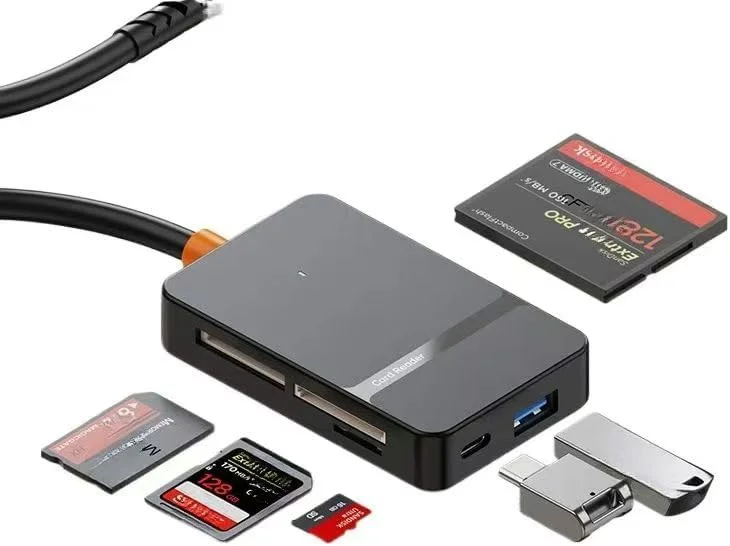 کارت خوان OTG هشت در یک USB 3.0/USB-C با سرعت بالا - آداپتور CF/SD/TF/MS با سرعت 104 مگابایت بر ثانیه، دارای دو پورت و LED | سازگار با مک/کامپیوتر/اندروید کارت خوان OTG هشت در یک USB 3.0/USB-C با سرعت بالا - آداپتور CF/SD/TF/MS با سرعت 104 مگابایت بر ثانیه، دارای دو پورت و LED | سازگار با مک/کامپیوتر/اندروید