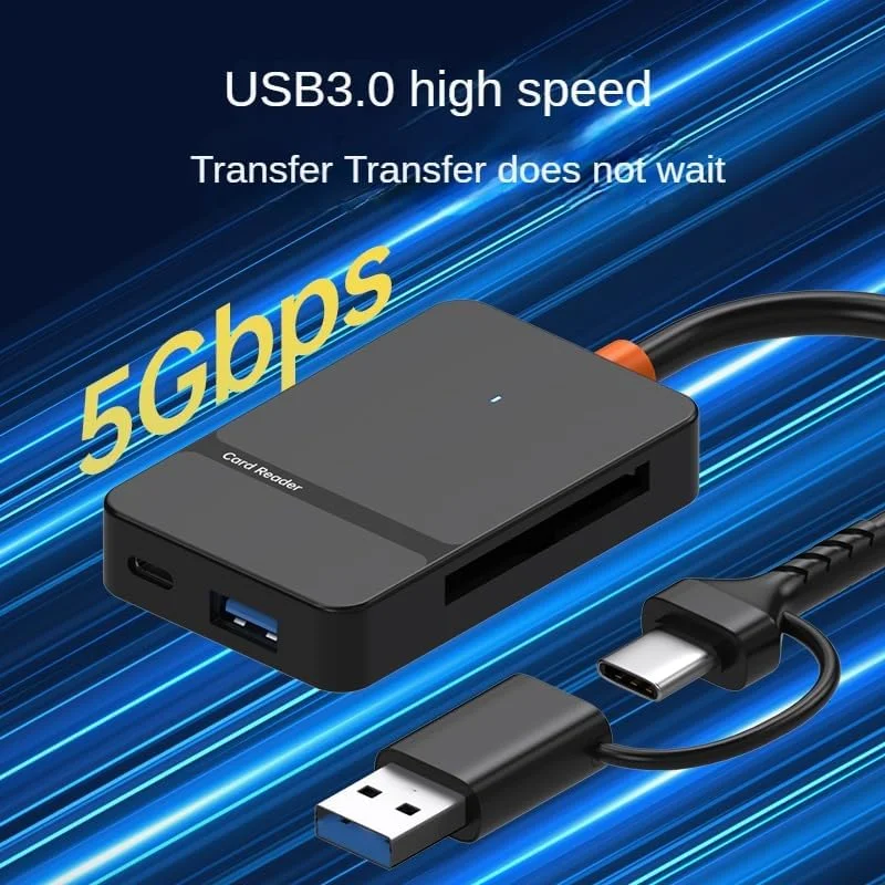 کارت خوان OTG هشت در یک USB 3.0/USB-C با سرعت بالا - آداپتور CF/SD/TF/MS با سرعت 104 مگابایت بر ثانیه، دارای دو پورت و LED | سازگار با مک/کامپیوتر/اندروید کارت خوان OTG هشت در یک USB 3.0/USB-C با سرعت بالا - آداپتور CF/SD/TF/MS با سرعت 104 مگابایت بر ثانیه، دارای دو پورت و LED | سازگار با مک/کامپیوتر/اندروید