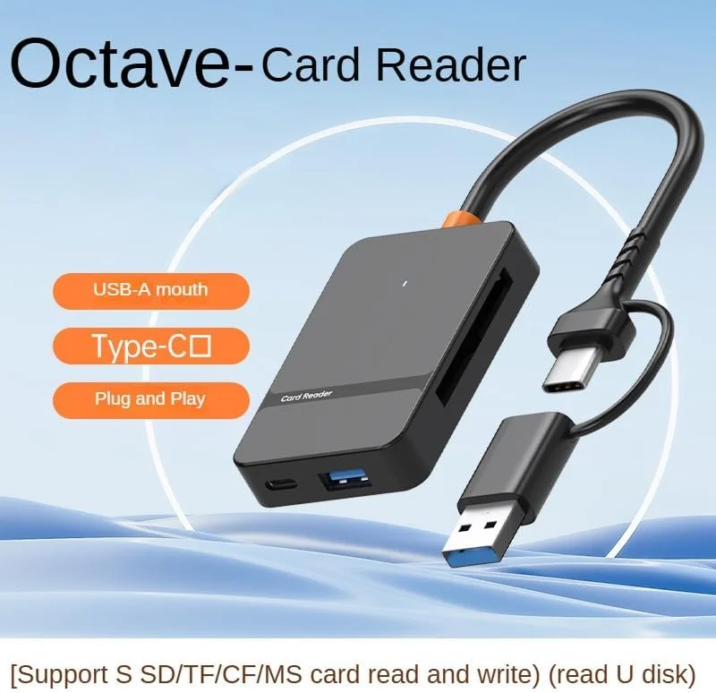 کارت خوان OTG هشت در یک USB 3.0/USB-C با سرعت بالا - آداپتور CF/SD/TF/MS با سرعت 104 مگابایت بر ثانیه، دارای دو پورت و LED | سازگار با مک/کامپیوتر/اندروید کارت خوان OTG هشت در یک USB 3.0/USB-C با سرعت بالا - آداپتور CF/SD/TF/MS با سرعت 104 مگابایت بر ثانیه، دارای دو پورت و LED | سازگار با مک/کامپیوتر/اندروید