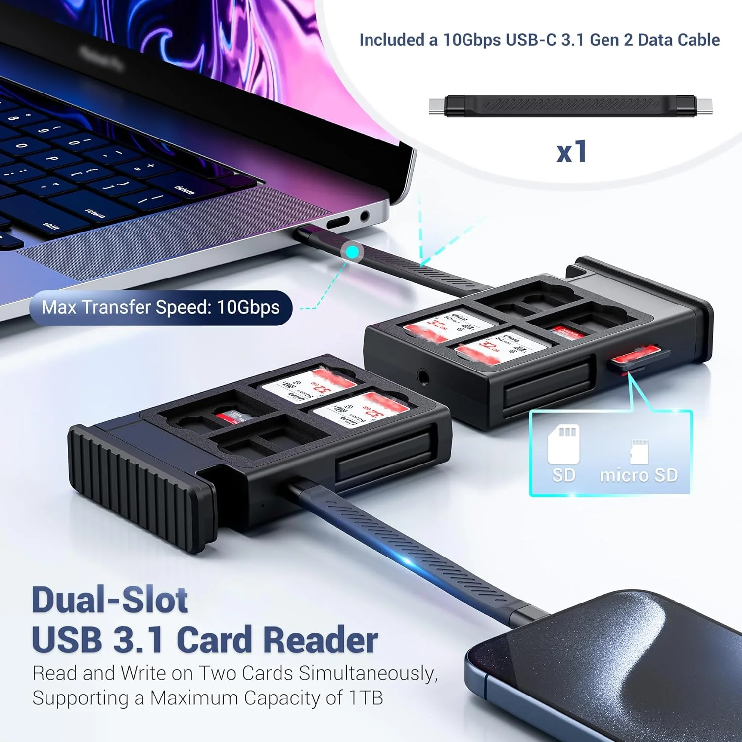 کیس کارت کابل، کارت خوان SD پرسرعت، کابل شارژ USB-C 3.1 Gen 2 چندگانه با آداپتور تبدیل لایت/USB A/MicroUSB/OTG و نگهدارنده کارت SD/TF برای انتقال داده تلفن، دوربین، کامپیوتر، پهپاد در سفر