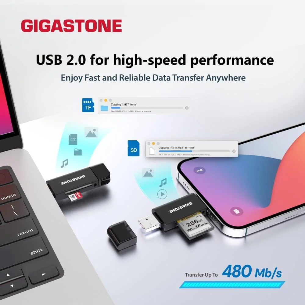 کارت خوان گیگاستون SD، کارت خوان 5 در 1 USB-A/USB-C، دو اسلات برای SD/Micro SD/SDHC/SDXC، سازگار با لپ تاپ، کامپیوتر، iPhone16/15، MacBook Pro/Air، iPad Pro، اندروید