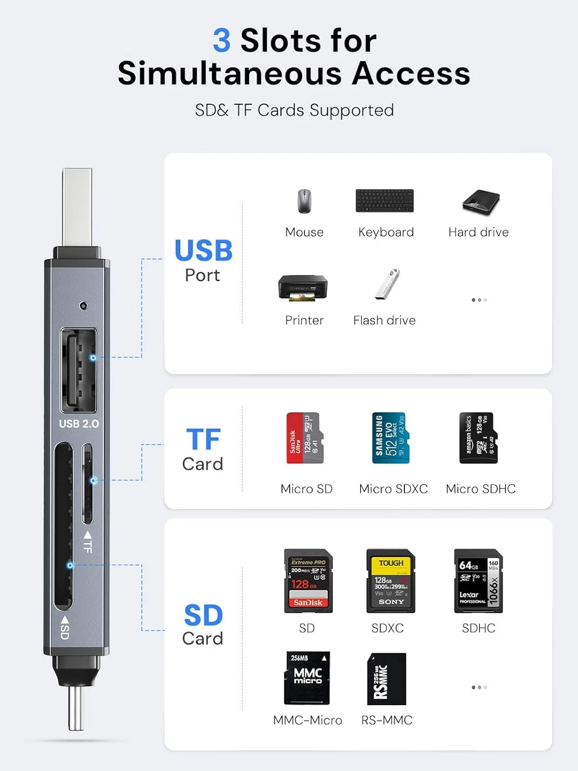 کارت خوان SD داکتک، کارت خوان USB 3.0 SD/TF با سرعت فوق العاده 5G، کارت خوان حافظه 3 اسلات USB A/C به SD/Micro SD/USB A برای UHS-I SD/Micro SD/SDHC/SDXC/MMC، پشتیبانی از OTG برای اتصال و پخش کارت خوان SD داکتک، کارت خوان USB 3.0 SD/TF با سرعت فوق العاده 5G، کارت خوان حافظه 3 اسلات USB A/C به SD/Micro SD/USB A برای UHS-I SD/Micro SD/SDHC/SDXC/MMC، پشتیبانی از OTG برای اتصال و پخش