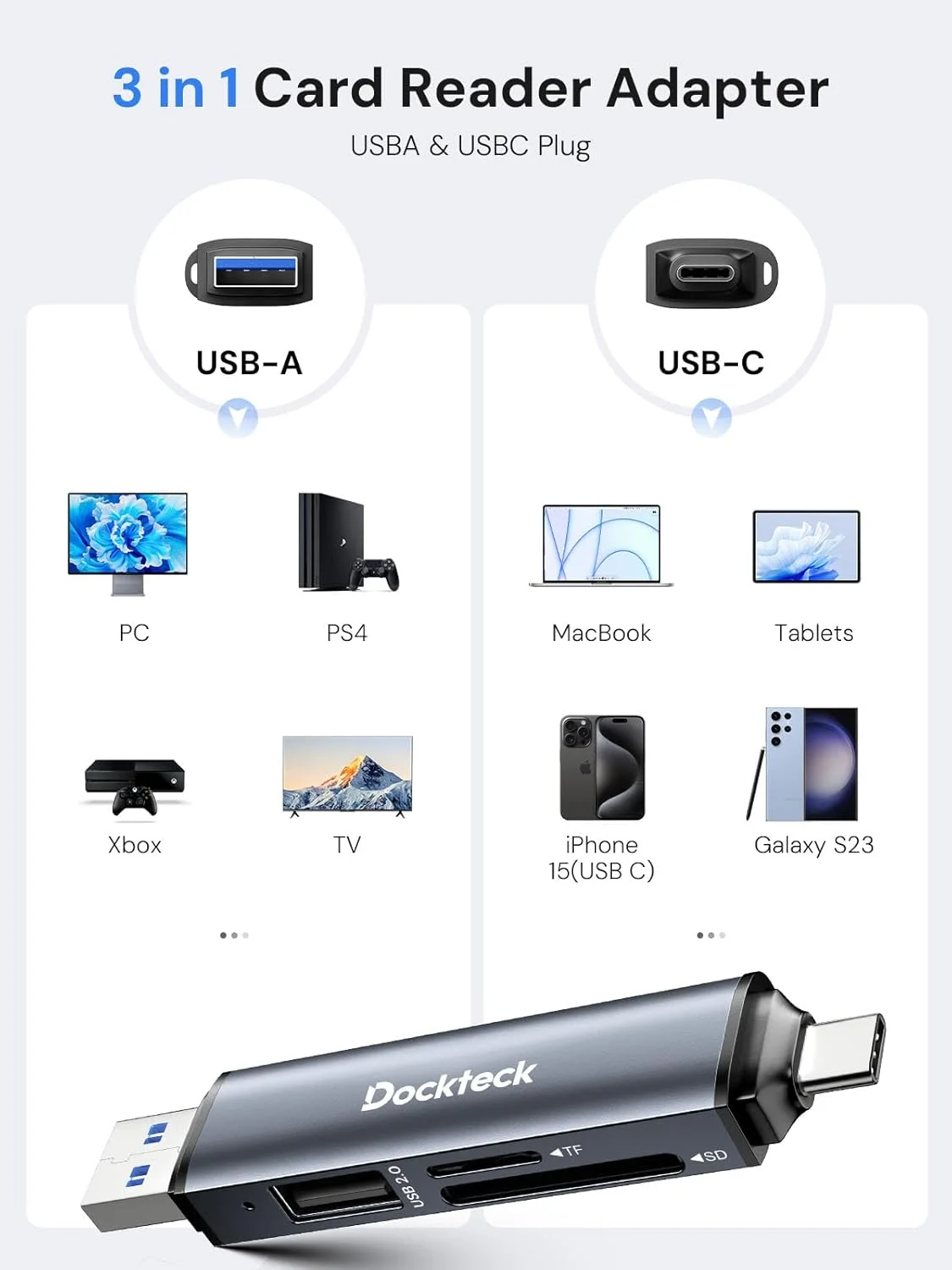 کارت خوان SD داکتک، کارت خوان USB 3.0 SD/TF با سرعت فوق العاده 5G، کارت خوان حافظه 3 اسلات USB A/C به SD/Micro SD/USB A برای UHS-I SD/Micro SD/SDHC/SDXC/MMC، پشتیبانی از OTG برای اتصال و پخش کارت خوان SD داکتک، کارت خوان USB 3.0 SD/TF با سرعت فوق العاده 5G، کارت خوان حافظه 3 اسلات USB A/C به SD/Micro SD/USB A برای UHS-I SD/Micro SD/SDHC/SDXC/MMC، پشتیبانی از OTG برای اتصال و پخش