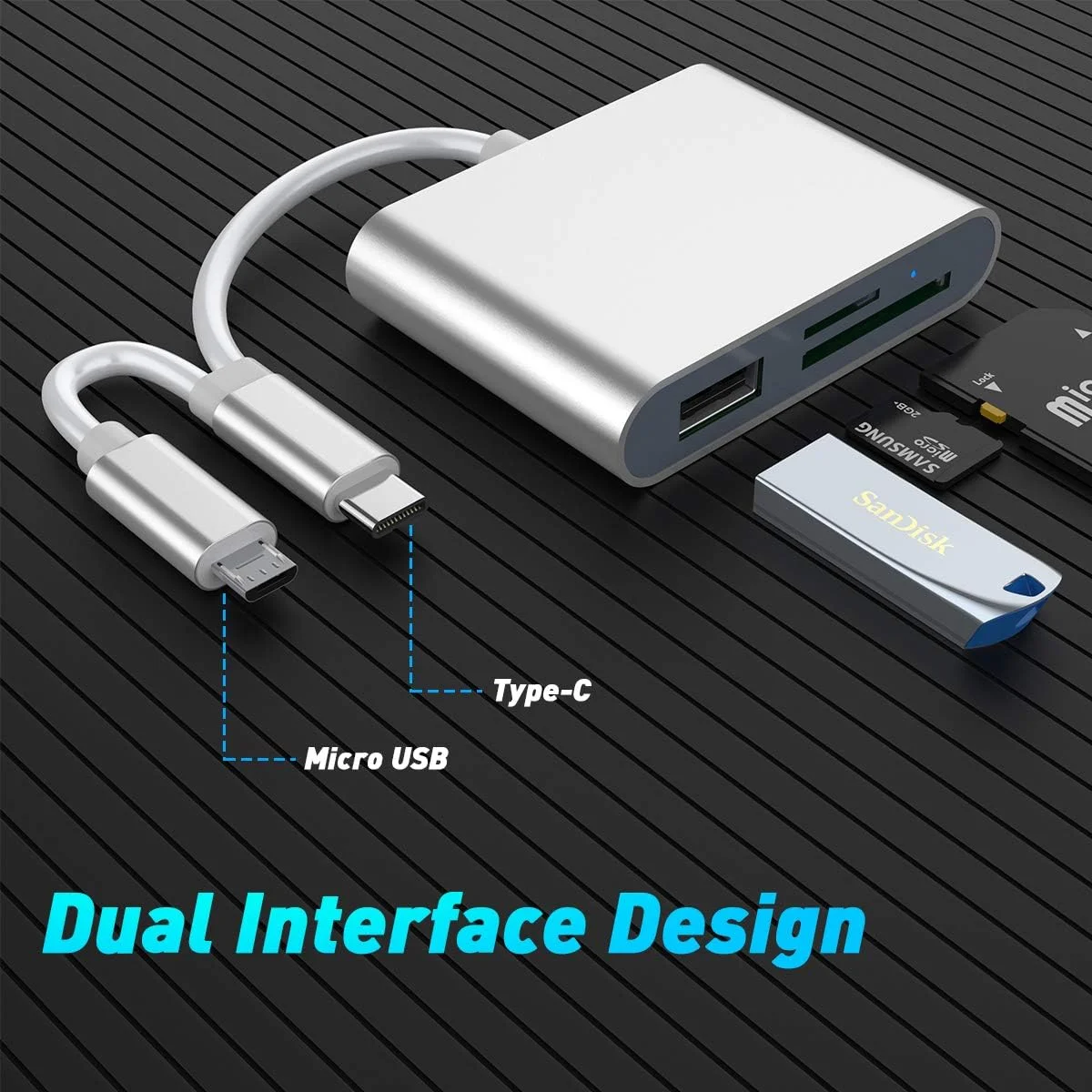 آداپتور کارت خوان حافظه Type C + Micro USB به SD و TF، کارت خوان دوگانه برای تلفن های هوشمند اندروید، دوربین، لپ تاپ و تبلت، سازگار با ویندوز/مک او اس/لینوکس، نقره ای آداپتور کارت خوان حافظه Type C + Micro USB به SD و TF، کارت خوان دوگانه برای تلفن های هوشمند اندروید، دوربین، لپ تاپ و تبلت، سازگار با ویندوز/مک او اس/لینوکس، نقره ای