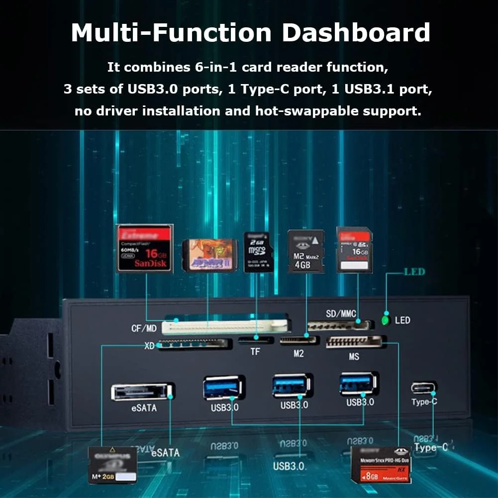 کارتخوان داخلی 5.25 اینچی با سرعت بالا، رابط USB 3.0، پنل جلویی چندکاره برای کامپیوتر، مجهز به پورت eSATA و USB 3.1 کارتخوان داخلی 5.25 اینچی با سرعت بالا، رابط USB 3.0، پنل جلویی چندکاره برای کامپیوتر، مجهز به پورت eSATA و USB 3.1