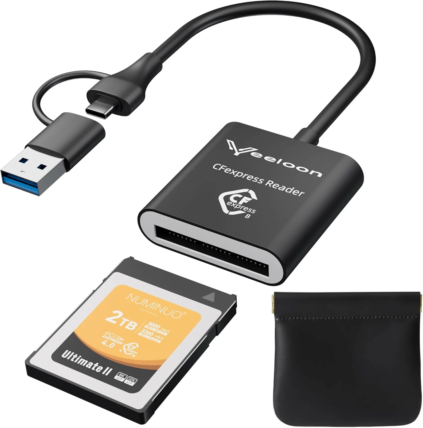 کارت خوان CFexpress با USB 3.2 (Gen 2) 10Gbps، کارت خوان 2 در 1 CFexpress Type B با Type C و USB A به همراه کیف نگهداری PU، آداپتور کارت CFe Type B قابل حمل برای تلفن، تبلت، لپ تاپ، کامپیوتر