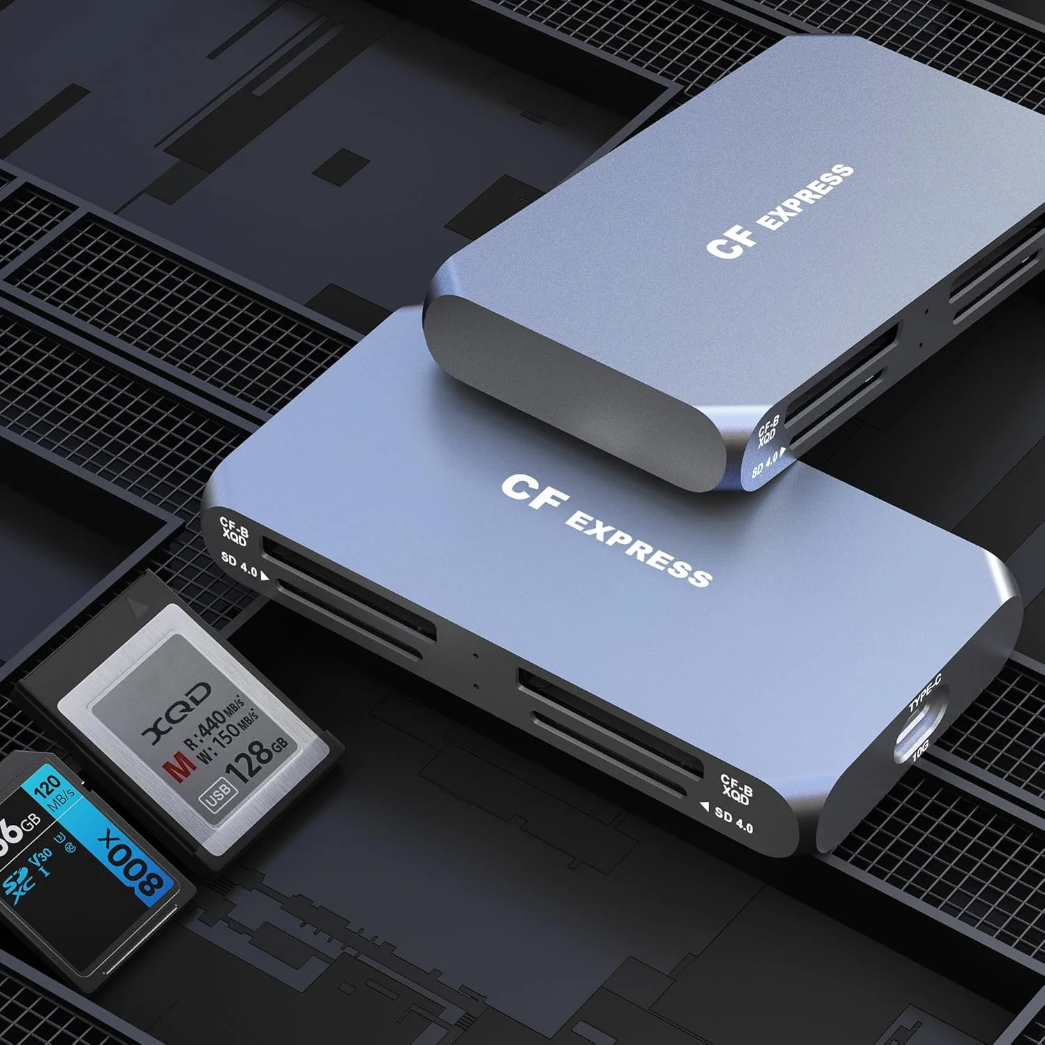 کارت خوان چهارتایی CFexpress Type B/XQD+Dual SD 4.0 UHS-II - حرفه ای، 4 اسلات، USB 3.2 Gen 2 با سرعت 10 گیگابیت بر ثانیه، اتصال و استفاده آسان، خواندن/نوشتن همزمان، کارت خوان CF Express برای CFexpress Type B/XQD/SD/SDHC/SDXC/SDUC