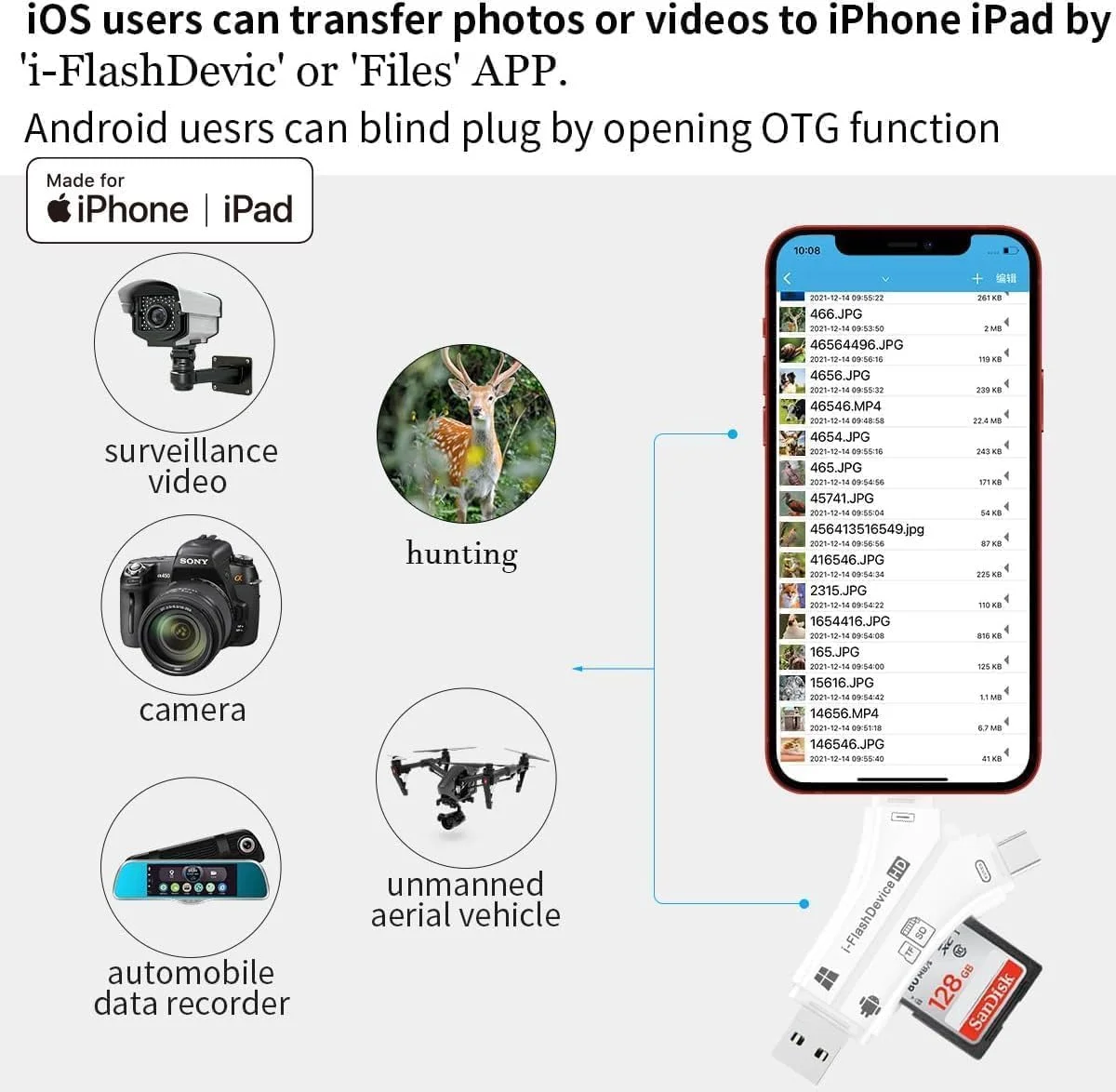 کارت خوان 4 در 1 SD برای آیفون که به طور همزمان کارت حافظه SD TF را می خواند، برای مشاهده عکس و فیلم دوربین های شکاری در جدیدترین سیستم عامل های اپل iOS