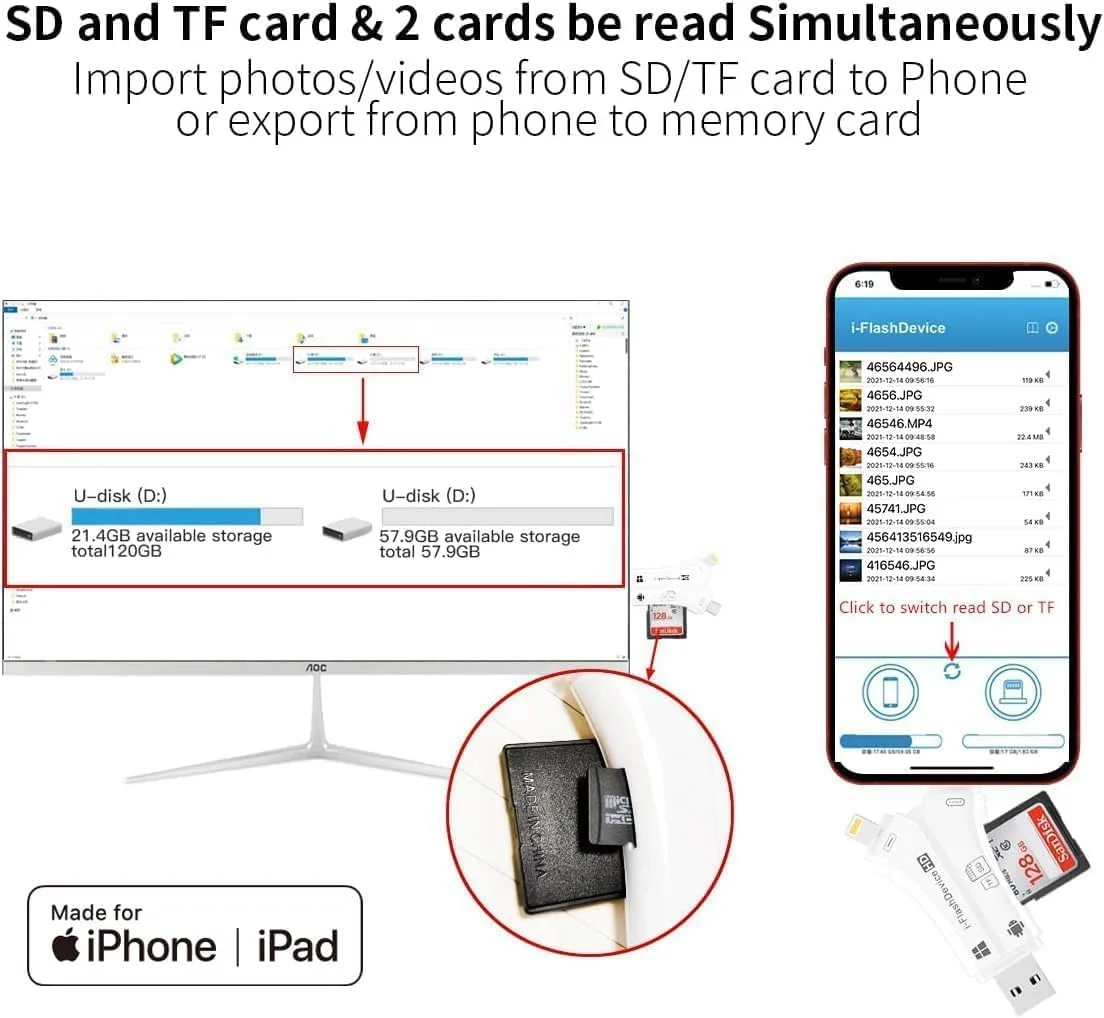 کارت خوان 4 در 1 SD برای آیفون که به طور همزمان کارت حافظه SD TF را می خواند، برای مشاهده عکس و فیلم دوربین های شکاری در جدیدترین سیستم عامل های اپل iOS