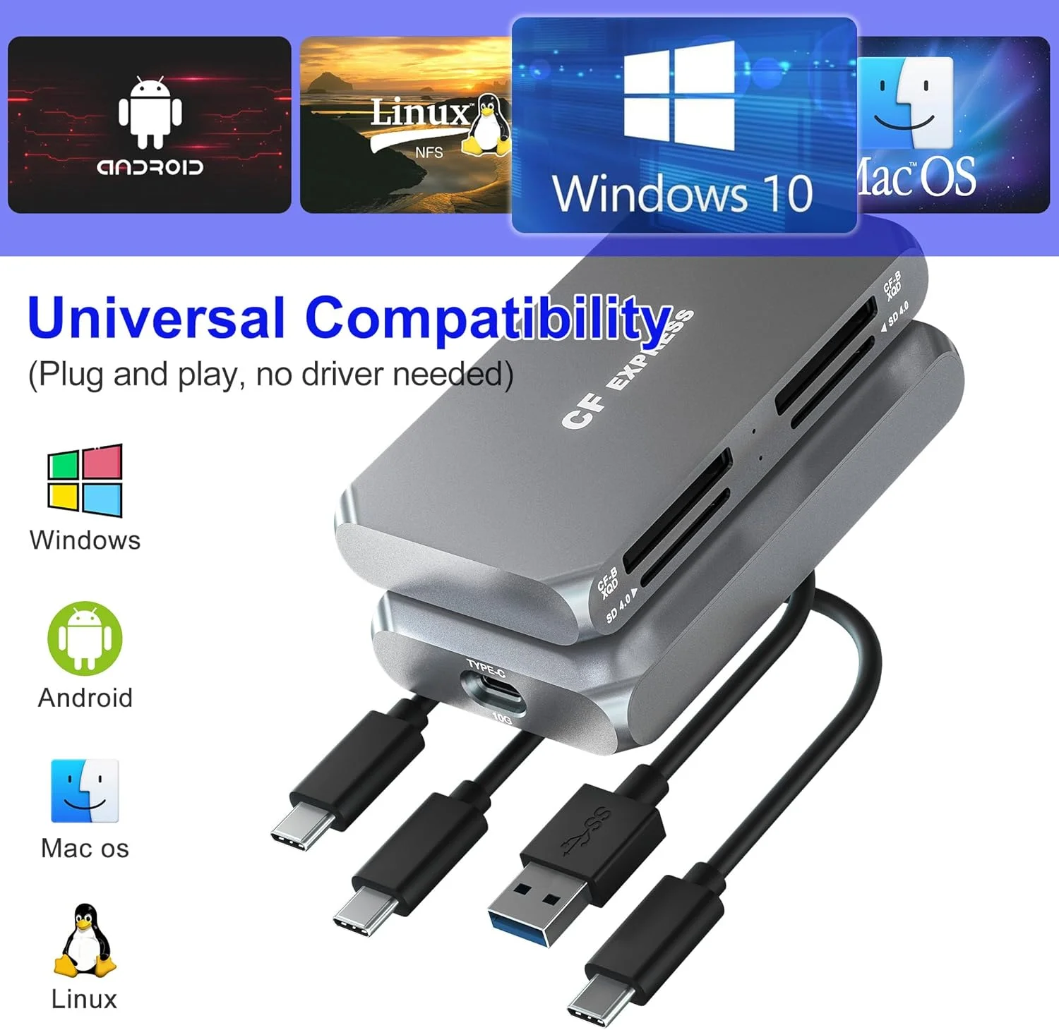 کارت خوان چهارتایی CFexpress Type B/XQD+Dual SD 4.0 UHS-II - حرفه ای، 4 اسلات، USB 3.2 Gen 2 با سرعت 10 گیگابیت بر ثانیه، اتصال و استفاده آسان، خواندن/نوشتن همزمان، کارت خوان CF Express برای CFexpress Type B/XQD/SD/SDHC/SDXC/SDUC کارت خوان چهارتایی CFexpress Type B/XQD+Dual SD 4.0 UHS-II - حرفه ای، 4 اسلات، USB 3.2 Gen 2 با سرعت 10 گیگابیت بر ثانیه، اتصال و استفاده آسان، خواندن/نوشتن همزمان، کارت خوان CF Express برای CFexpress Type B/XQD/SD/SDHC/SDXC/SDUC