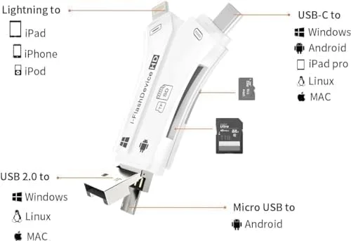 کارت خوان 4 در 1 SD برای آیفون که به طور همزمان کارت حافظه SD TF را می خواند، برای مشاهده عکس و فیلم دوربین های شکاری در جدیدترین سیستم عامل های اپل iOS