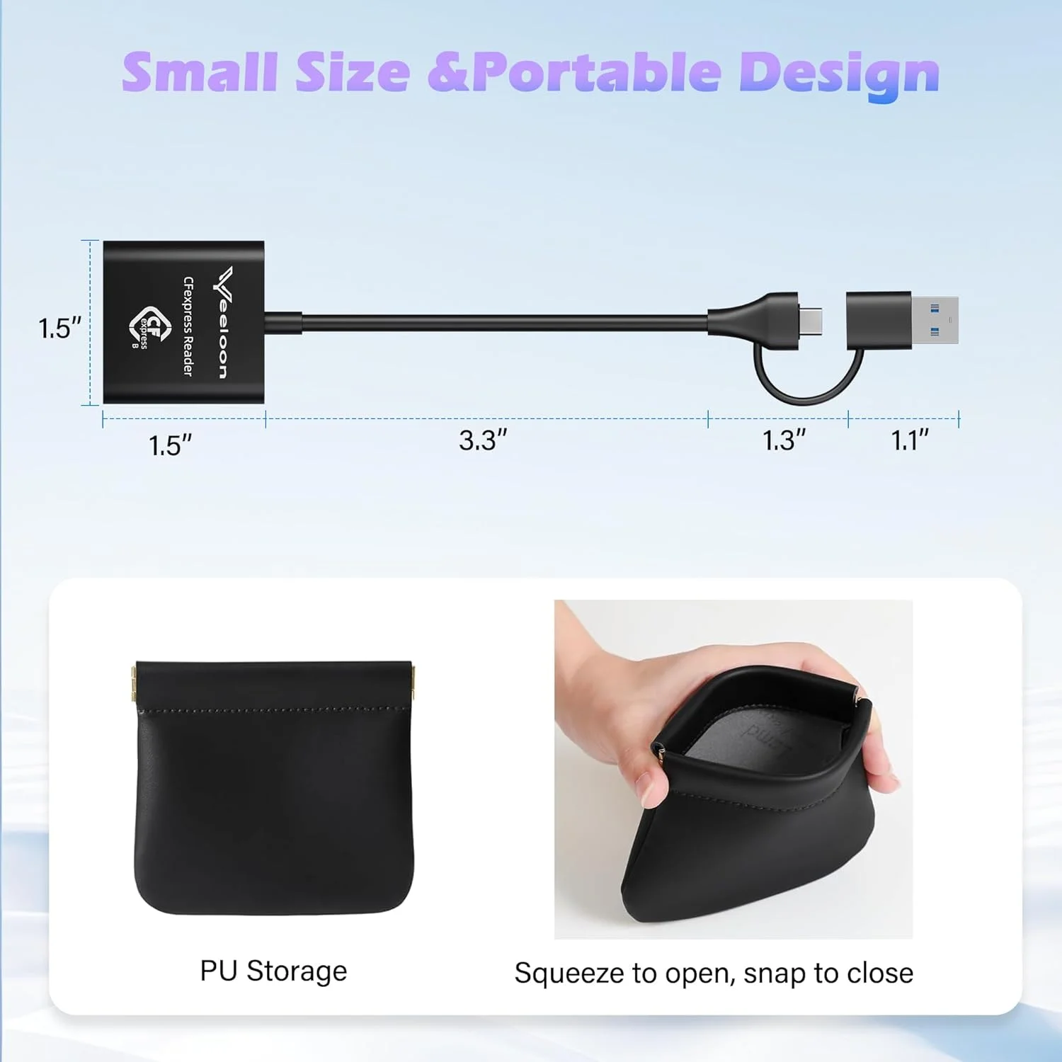 کارت خوان CFexpress با USB 3.2 (Gen 2) 10Gbps، کارت خوان 2 در 1 CFexpress Type B با Type C و USB A به همراه کیف نگهداری PU، آداپتور کارت CFe Type B قابل حمل برای تلفن، تبلت، لپ تاپ، کامپیوتر