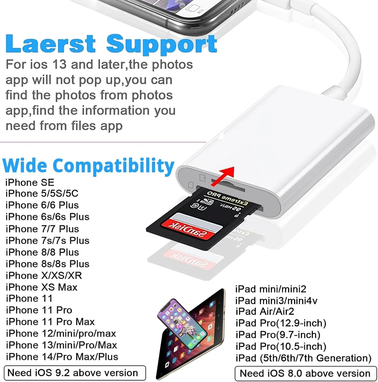 تبدیل لایتنینگ به کارت حافظه SD برای آیفون و آیپد (دارای تاییدیه Apple MFi)، کارت خوان حافظه دوگانه با پشتیبانی از کارت های SD و TF، آداپتور کارت حافظه قابل حمل Micro SD تبدیل لایتنینگ به کارت حافظه SD برای آیفون و آیپد (دارای تاییدیه Apple MFi)، کارت خوان حافظه دوگانه با پشتیبانی از کارت های SD و TF، آداپتور کارت حافظه قابل حمل Micro SD