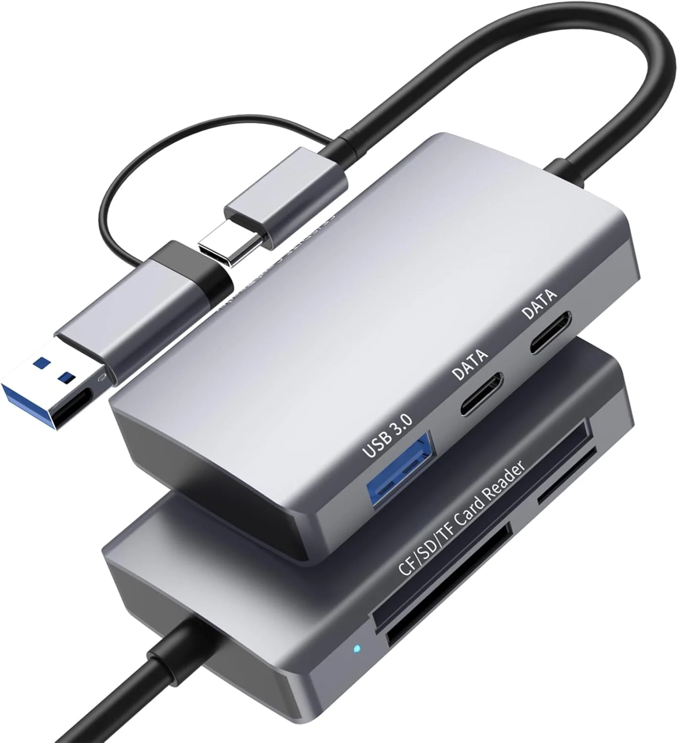 کارت خوان 6 در 1 CF/SD/TF با هاب دوگانه USB-C - آداپتور کارت خوان USB 3.0 برای کامپیوتر/اندروید/میکرو SD/، آداپتور Memory Stick Pro Duo، انتقال داده با سرعت بالا 5 گیگابیت بر ثانیه