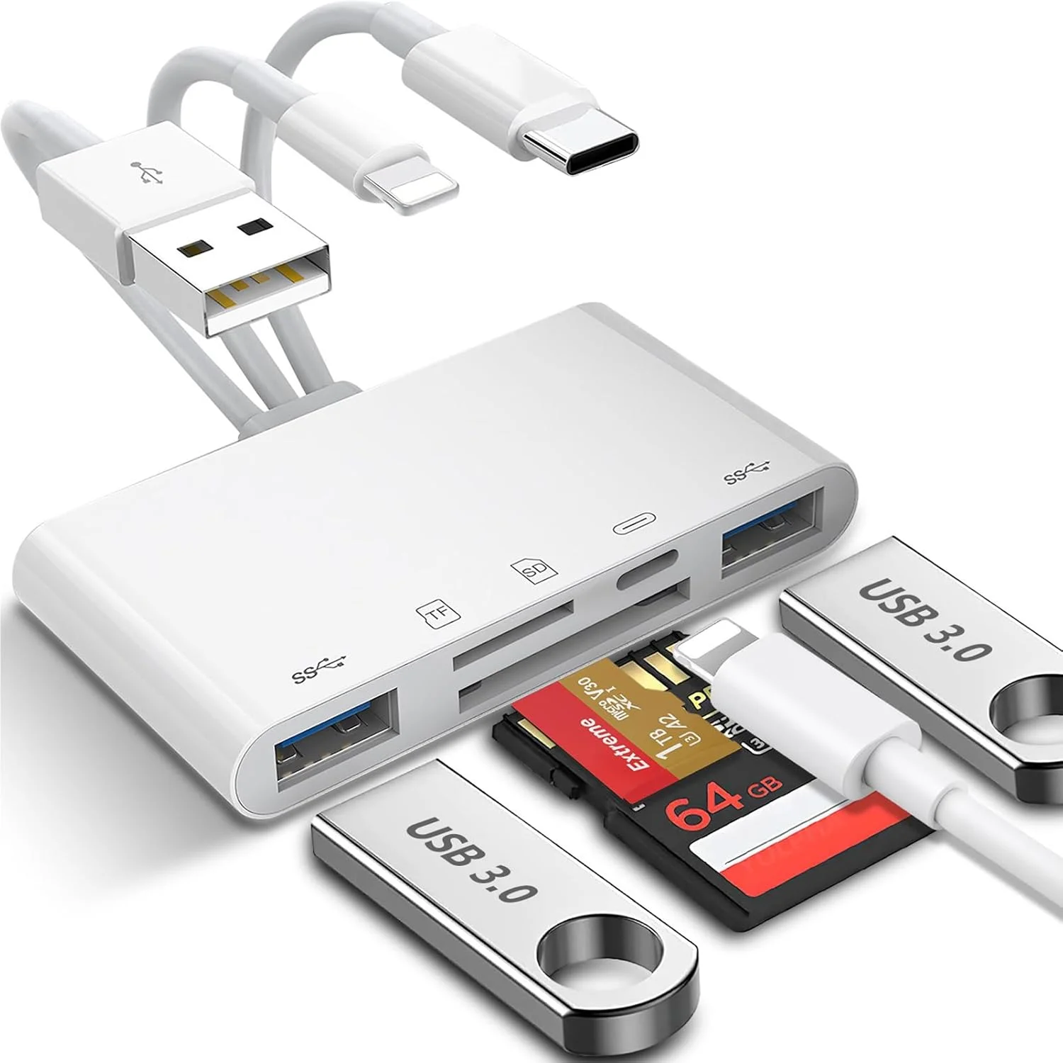کارت خوان حافظه 5 در 1 برای آیفون، آداپتور USB C OTG کارت خوان SD با اتصال دهنده USB C به A، دو اسلات Micro SD/SD برای آیفون/آیپد/گلکسی/اندروید/کامپیوتر/لپ تاپ/غیره