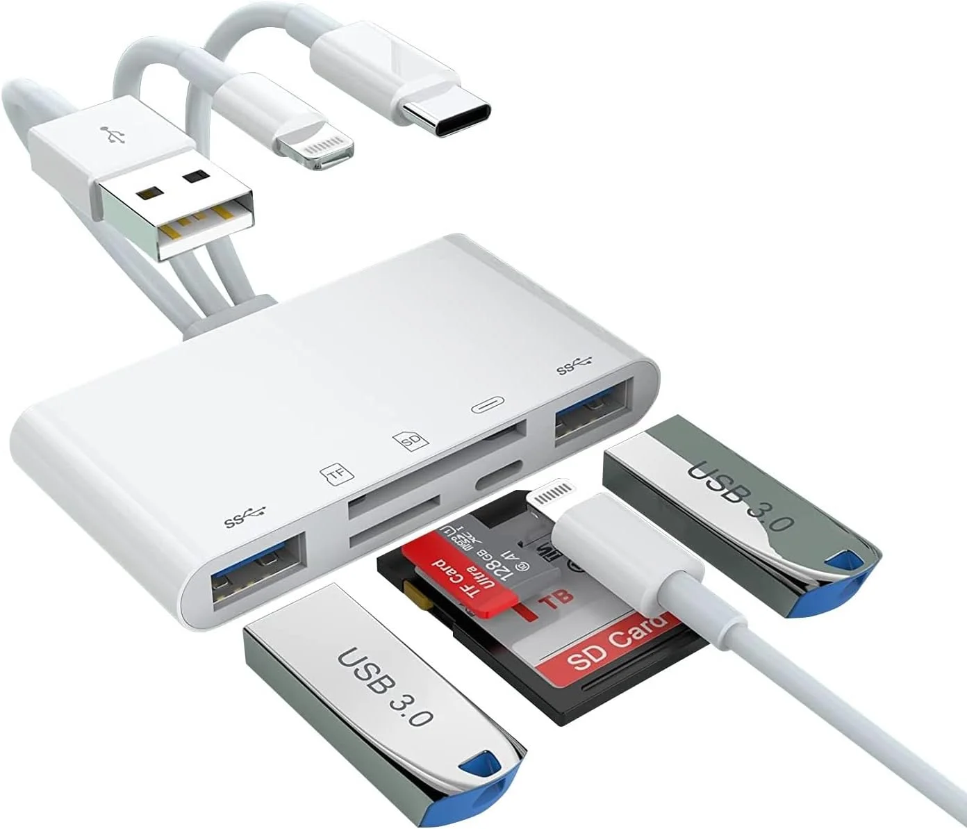 کارت خوان حافظه 5 در 1 آیفون دارای گواهی Apple MFi، آداپتور USB OTG و نمایشگر کارت دوربین SD/TF برای دستگاه های iPhone/iPad/PC/Android/Camera/USB C & A، پشتیبانی از SD/Micro SD/SDHC/SDXC/MMC Plug and Play