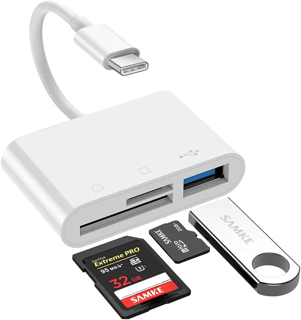 آداپتور کارت خوان USB C SD/TF، آداپتور دوربین Type-C - آداپتور کارت خوان حافظه دیسک USB C به TF/SD/USB 3 در 1 برای iPhone 15/15Pro و بالاتر/iPad Pro/MacBook Pro/iMac/Samsung/Chromebook/Pixelbook و غیره