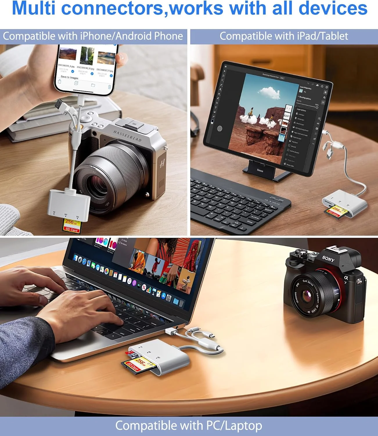 کارت خوان SD برای آیفون با USB-C و لایتنینگ - کارت خوان حافظه 3 در 1 SD MicroSD xD-Picture Cards، سازگار با آیفون 16/15/14، آیپد، مک بوک، اندروید، دوربین و کامپیوتر