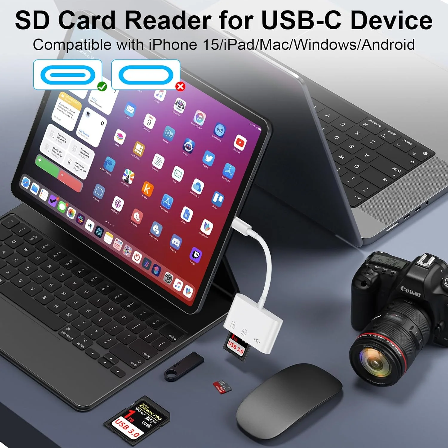آداپتور USB C به USB دوربین، کارت خوان SD برای آیفون 17 پرو مکس ایر 16e 16 15، آداپتور کارت حافظه 3 در 1 با دو اسلات کارت و پورت USB برای سامسونگ گلکسی S25، کارت خوان دوربین ردیابی پیکسل 9 اندروید