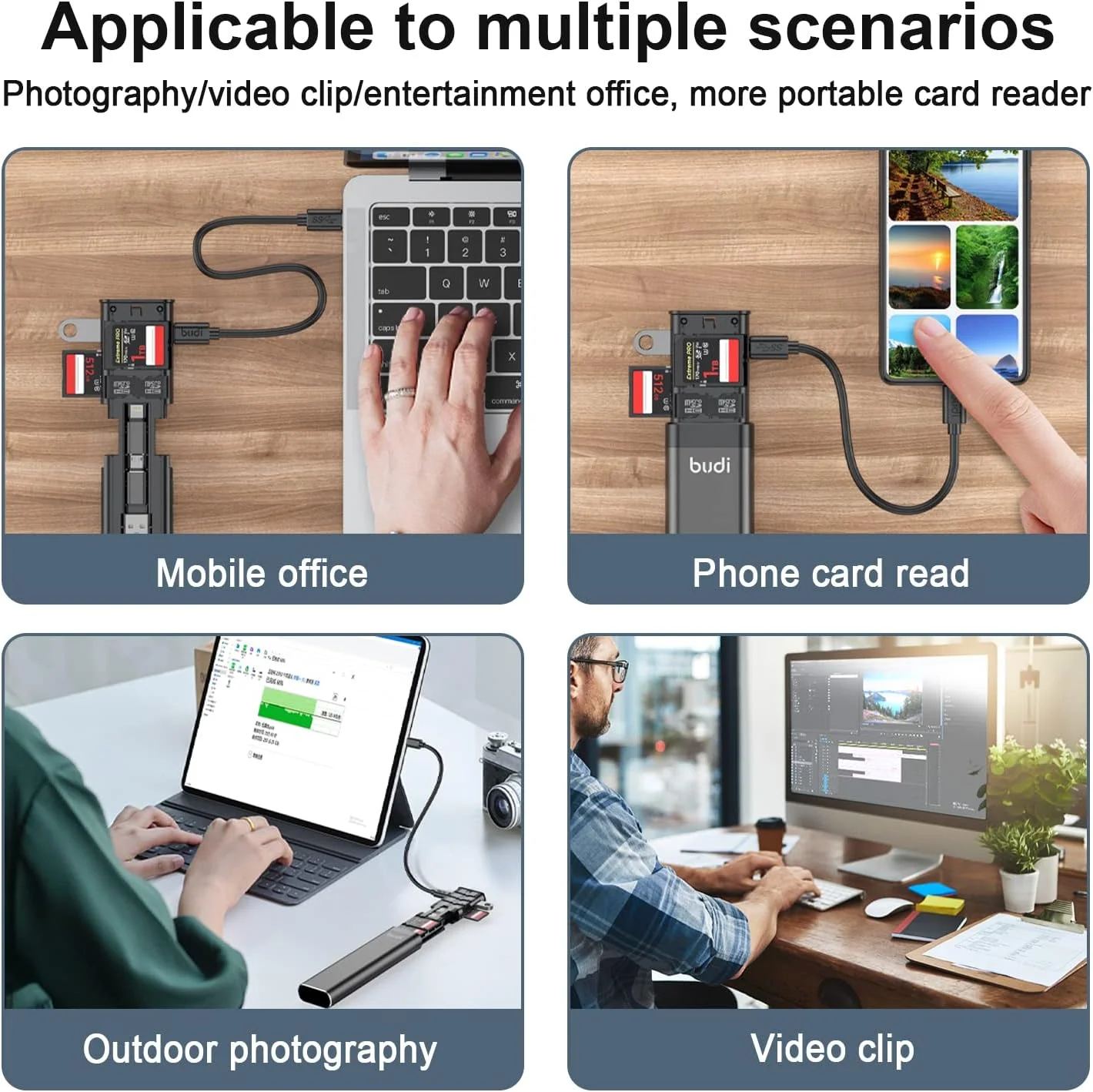 کابل کارت خوان چند منظوره 9 در 1 BUDI با USB 3.0 TF/SD Type-C با آداپتور OTG برای آیفون، اندروید و کامپیوتر، فلش مموری، اتصال و استفاده (نسخه ارتقا یافته)