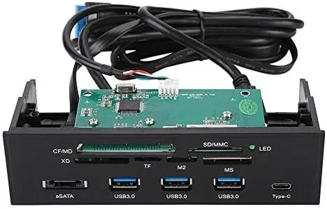 هاب پنل جلویی ASHATA با 11 پورت، پنل جلویی کامپیوتر با پورت های USB 3.0، پورت USB 3.1 eSATA و 6 اسلات کارت، کارت خوان پشتیبانی از M2 MSO Memory MS XD 64G CF Card مناسب برای هر کیس کامپیوتر 5.25 اینچی