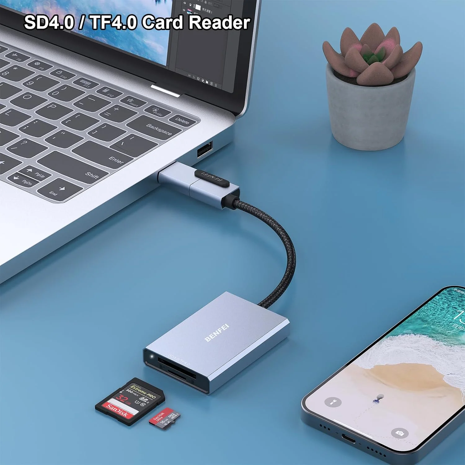 کارت خوان SD 4.0 بنفی، کارت خوان حافظه 2 در 1 USB-C/USB-A، برای کارت های SDXC، SDHC، SD، MMC، RS-MMC، Micro SDXC، Micro SD، Micro SDHC، UHS-II و UHS-I