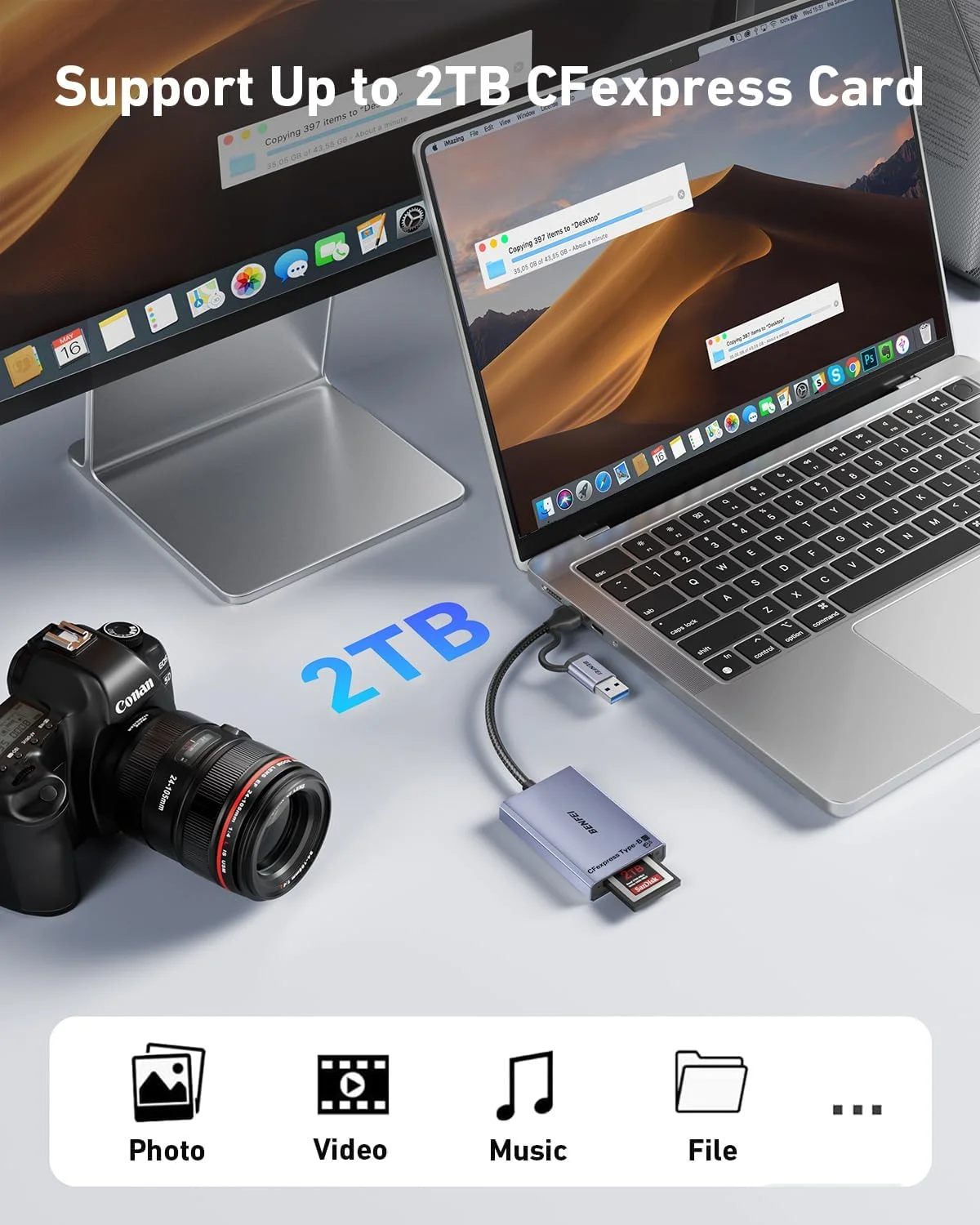 کارت خوان CFexpress Type B بنفی با USB 3.2 (Gen 2) 10Gbps، آداپتور CFexpress Type B دو در یک USB-C و USB-A، سازگار با ویندوز/مک/لینوکس/اندروید (نه برای کارت XQD)