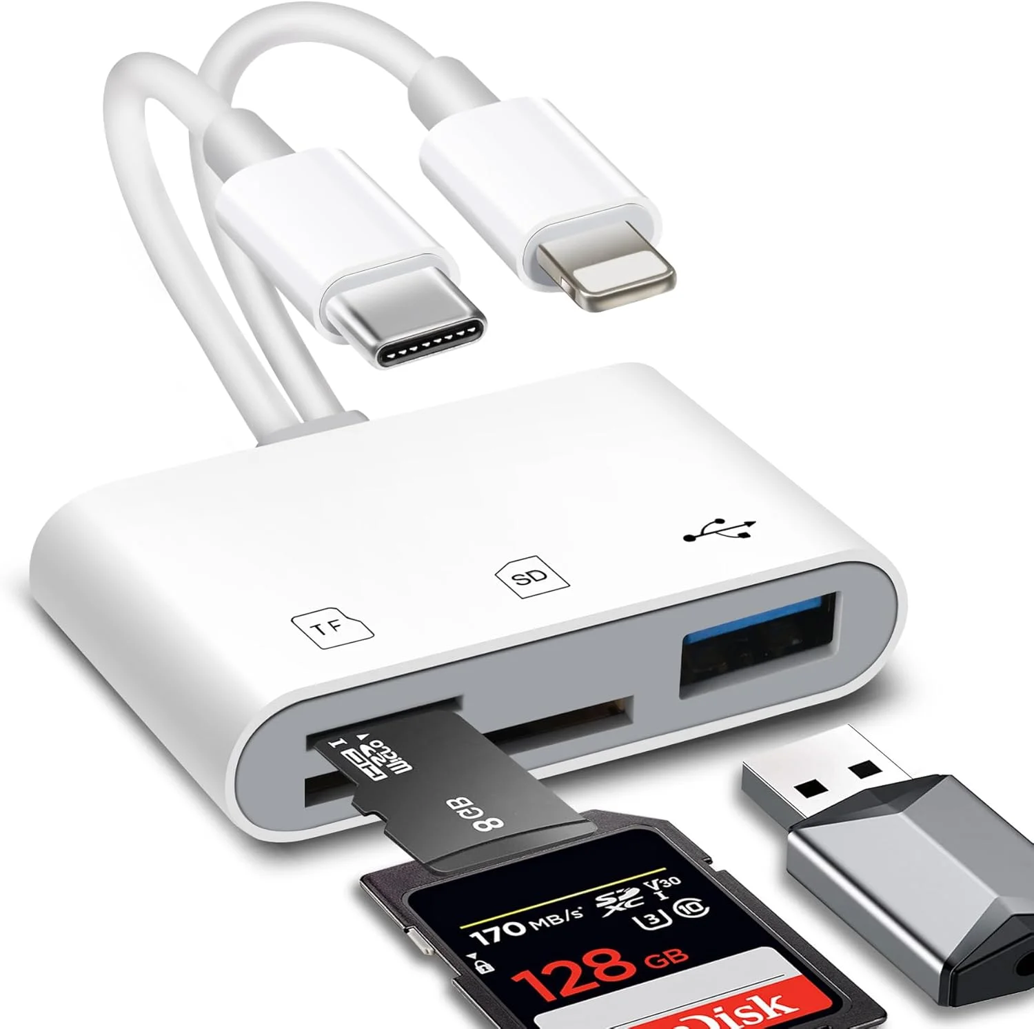 کارت خوان SD برای آیفون/آیپد و اندروید، کارت خوان حافظه دارای پورت دوگانه iOS و USB C، آداپتور کارت SD برای دوربین ها، پشتیبانی از 3 اسلات SD/Micro SD/USB-A، بدون نیاز به برنامه، اتصال و پخش کارت خوان SD برای آیفون/آیپد و اندروید، کارت خوان حافظه دارای پورت دوگانه iOS و USB C، آداپتور کارت SD برای دوربین ها، پشتیبانی از 3 اسلات SD/Micro SD/USB-A، بدون نیاز به برنامه، اتصال و پخش