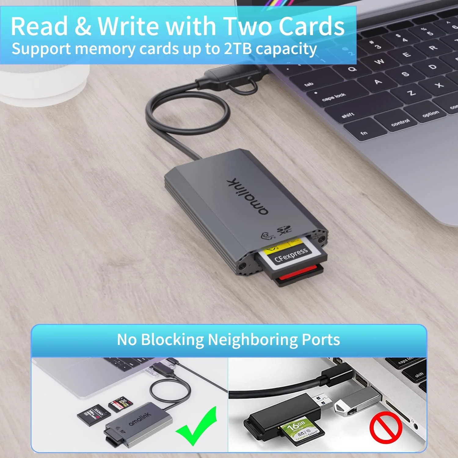 کارت خوان CFexpress Type B/SD USB 3.2 Gen 2 - آداپتور دو اسلاته با کانکتورهای USB-A و USB-C برای کارت های حافظه CFexpress Type B و SD4.0 UHS-II.