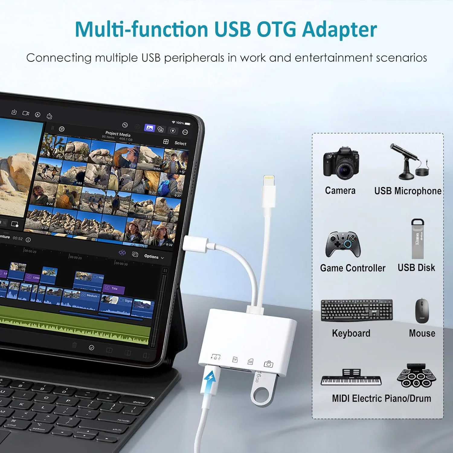 کارت خوان SD برای آیفون، آیپد، اندروید، آداپتور USB C و لایتنینگ به کارت SD/MicroSD با پورت شارژ سریع، کارت خوان حافظه برای آداپتور دوربین، پشتیبانی از SD، Micro SD، USB 3.0، بدون نیاز به برنامه