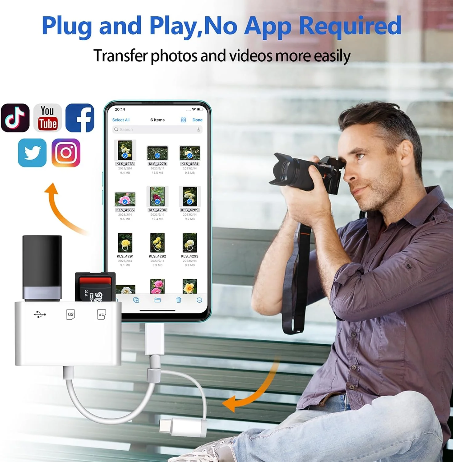 کارت خوان SD برای آیفون/اندروید، کارت خوان حافظه HCYEBT از کارت SD/MicroSD و دستگاه های USB پشتیبانی می کند، دارای کانکتورهای دوگانه iOS و USB-C داخلی، بدون نیاز به برنامه، اتصال و پخش