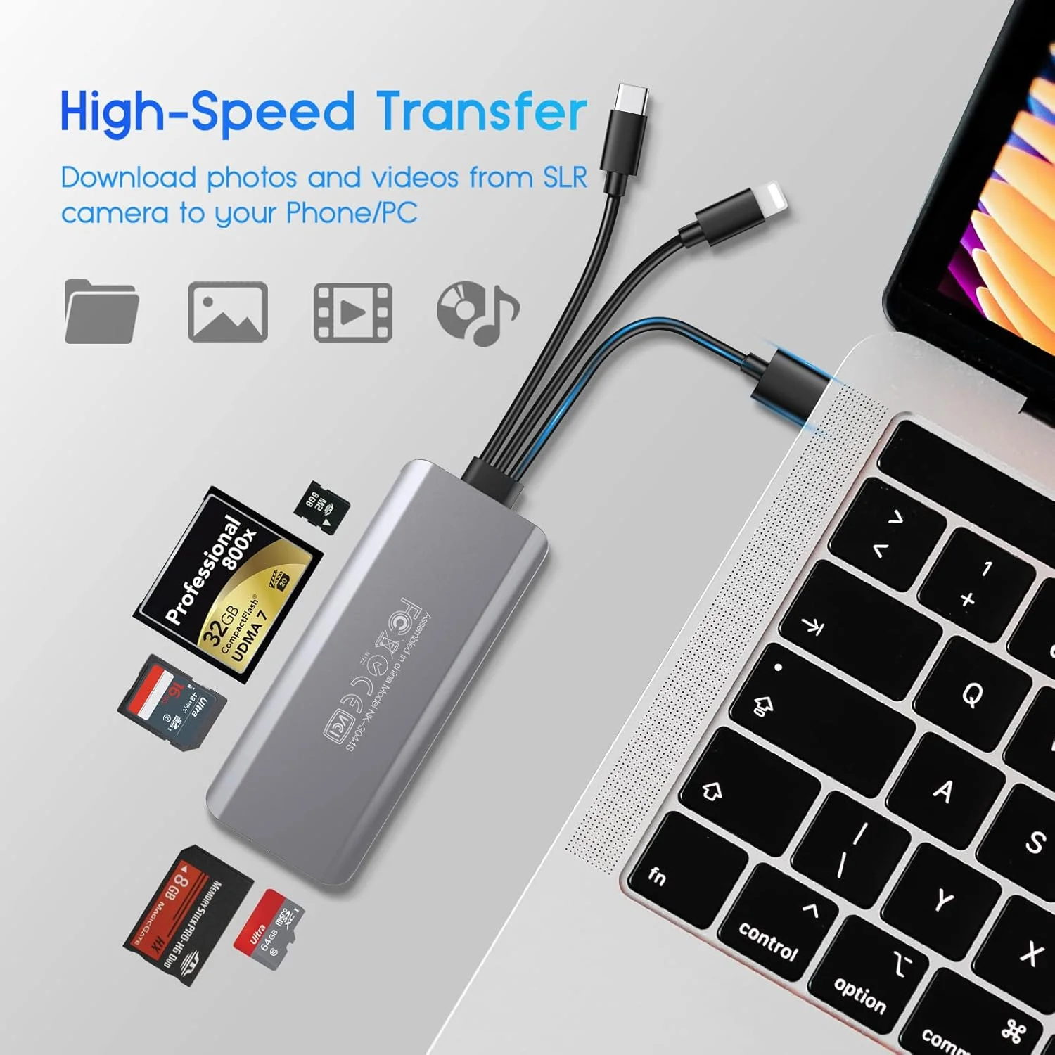 کارت خوان حافظه 5 در 1، آلومینیومی SD/TF/CF/MS/M2/Micro SD آداپتور کارت خوان برای دستگاه های USB C و USB A، بدون نیاز به برنامه، اتصال و پخش
