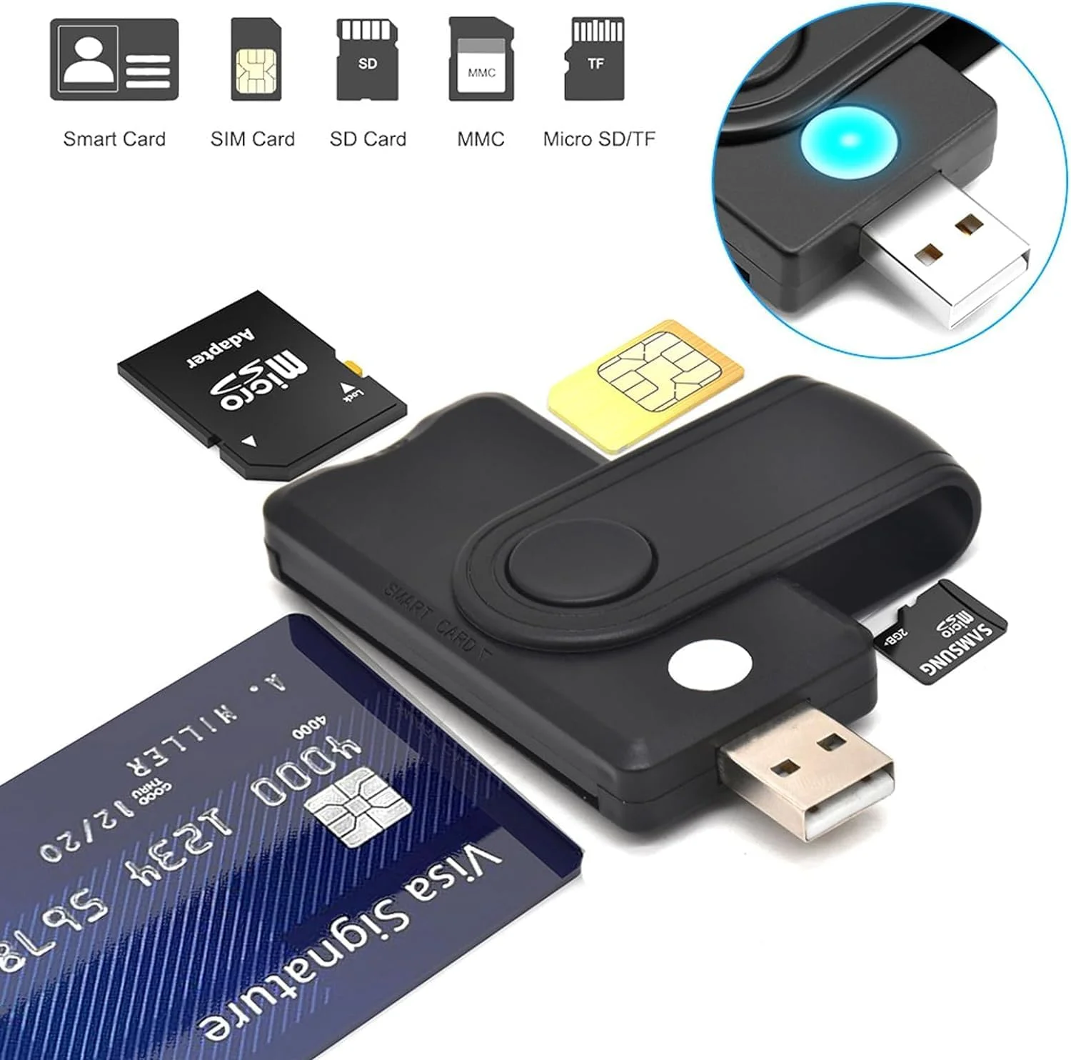 کارت خوان هوشمند CAC، آداپتور کارت USB سیم/SD/TF/ID/IC نظامی DOD 5 در 2، آداپتور کارت سیم USB C سازگار با ویندوز، لینوکس/یونیکس، MacOS X