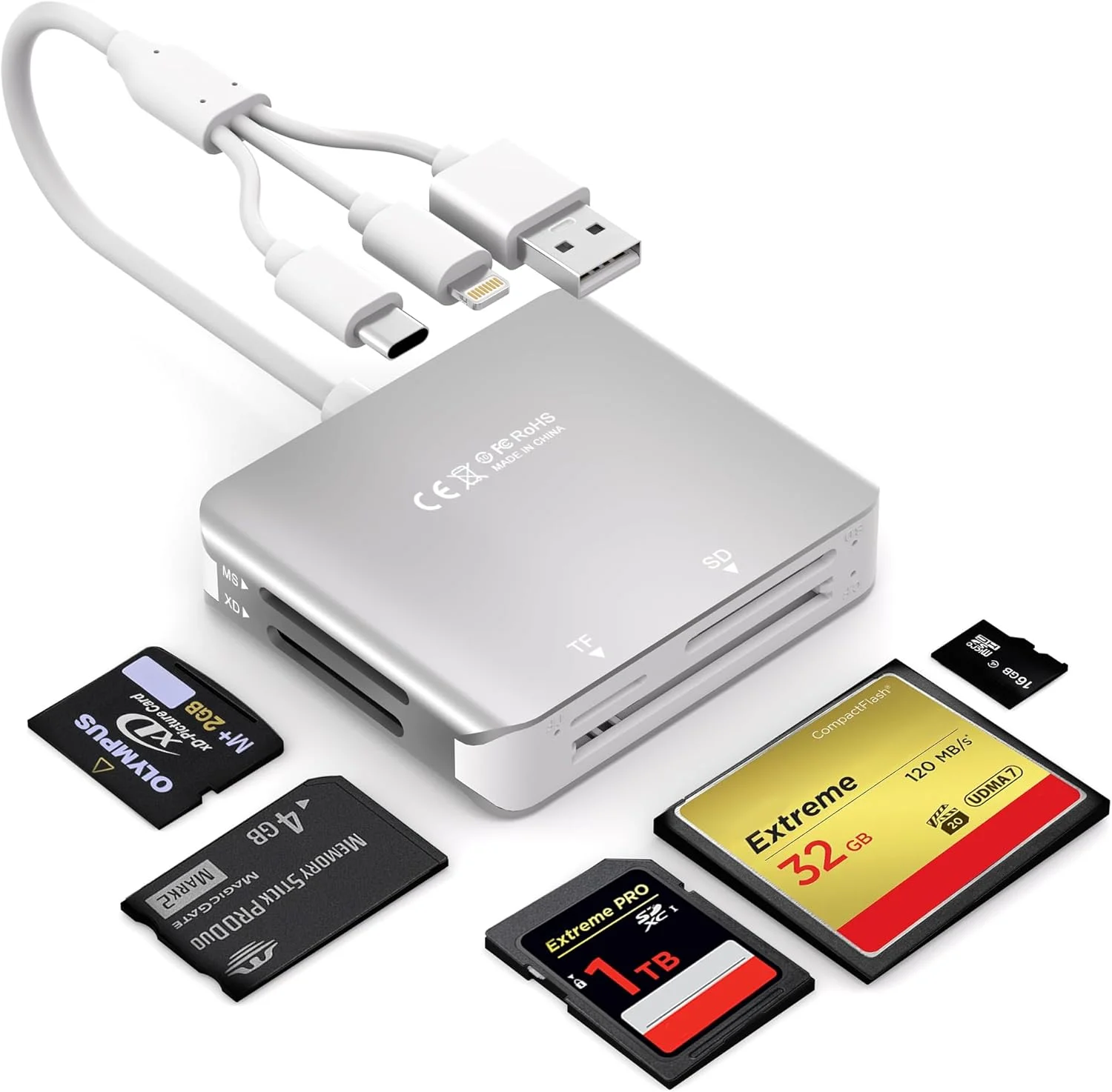 آداپتور کارت خوان Memory Stick Pro Duo، کارت خوان 5 در 1 SD/MS/TF/CF/XD با لایتنینگ + USB A + USB C، کارت خوان چند منظوره با پشتیبانی از OTG، انتقال سریع داده، کارت خوان Memory Stick برای i-Phone/Android/PC آداپتور کارت خوان Memory Stick Pro Duo، کارت خوان 5 در 1 SD/MS/TF/CF/XD با لایتنینگ + USB A + USB C، کارت خوان چند منظوره با پشتیبانی از OTG، انتقال سریع داده، کارت خوان Memory Stick برای i-Phone/Android/PC