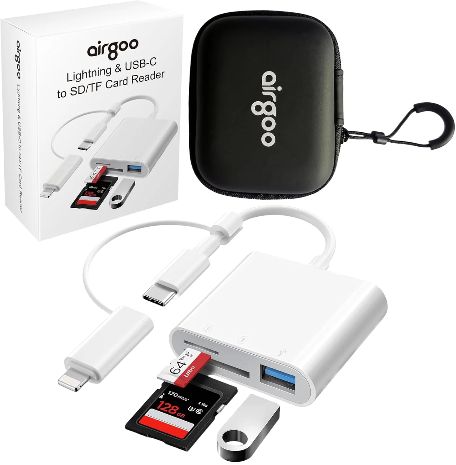 کارت خوان SD برای آیفون آیپد، آداپتور کارت حافظه SD سه در یک دوربین Airgoo Trail با دو اسلات و پورت USB، با کانکتورهای دوگانه لایتنینگ و USB-C، با کیف نگهداری قابل حمل eva، AG-CRD01 کارت خوان SD برای آیفون آیپد، آداپتور کارت حافظه SD سه در یک دوربین Airgoo Trail با دو اسلات و پورت USB، با کانکتورهای دوگانه لایتنینگ و USB-C، با کیف نگهداری قابل حمل eva، AG-CRD01