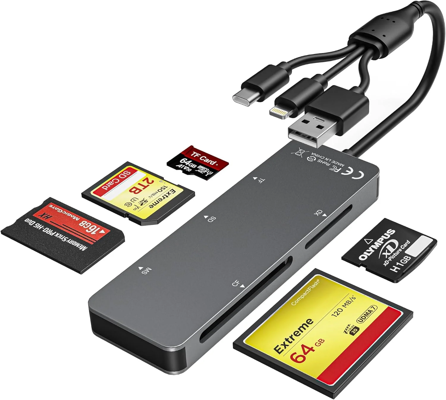 آداپتور مموری استیک پرو Duo، کارت خوان 5 در 1 مموری استیک پرو Duo با رابط سه گانه (لایتنینگ/USB-C/USB-A) برای کارت های SD/TF/CF/MS/XD، طراحی آلومینیومی قابل حمل برای آیفون، آیپد، PC، مک آداپتور مموری استیک پرو Duo، کارت خوان 5 در 1 مموری استیک پرو Duo با رابط سه گانه (لایتنینگ/USB-C/USB-A) برای کارت های SD/TF/CF/MS/XD، طراحی آلومینیومی قابل حمل برای آیفون، آیپد، PC، مک