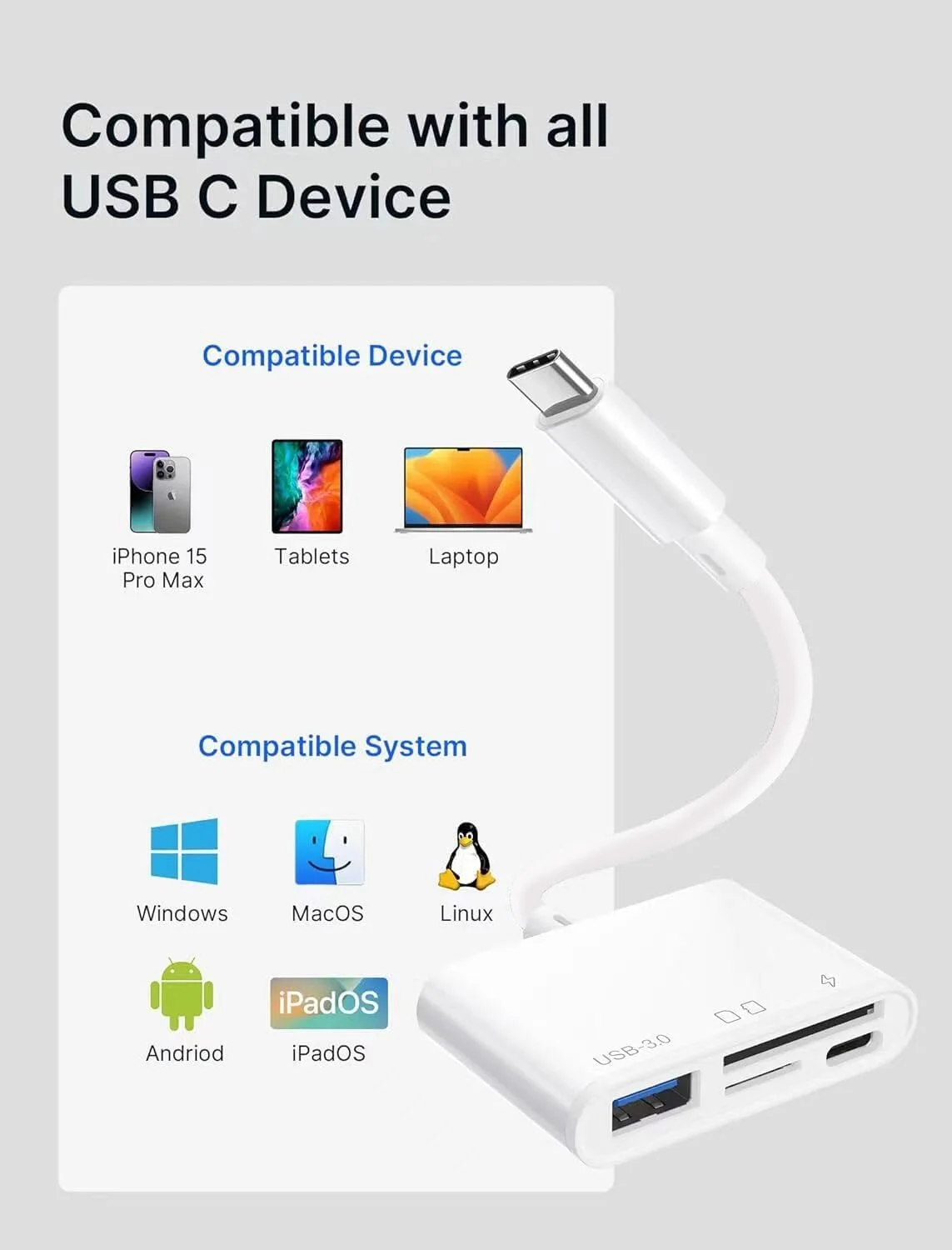 تبدیل USB-C به کارت خوان SD، کارت خوان Type C Micro SD TF، آداپتور کارت خوان حافظه دوربین USB 4 در 1 با پورت شارژ برای iPhone 15/15 Pro Max MacBook Pro/Air، Pad Pro، XPS و دستگاه های UBC C تبدیل USB-C به کارت خوان SD، کارت خوان Type C Micro SD TF، آداپتور کارت خوان حافظه دوربین USB 4 در 1 با پورت شارژ برای iPhone 15/15 Pro Max MacBook Pro/Air، Pad Pro، XPS و دستگاه های UBC C