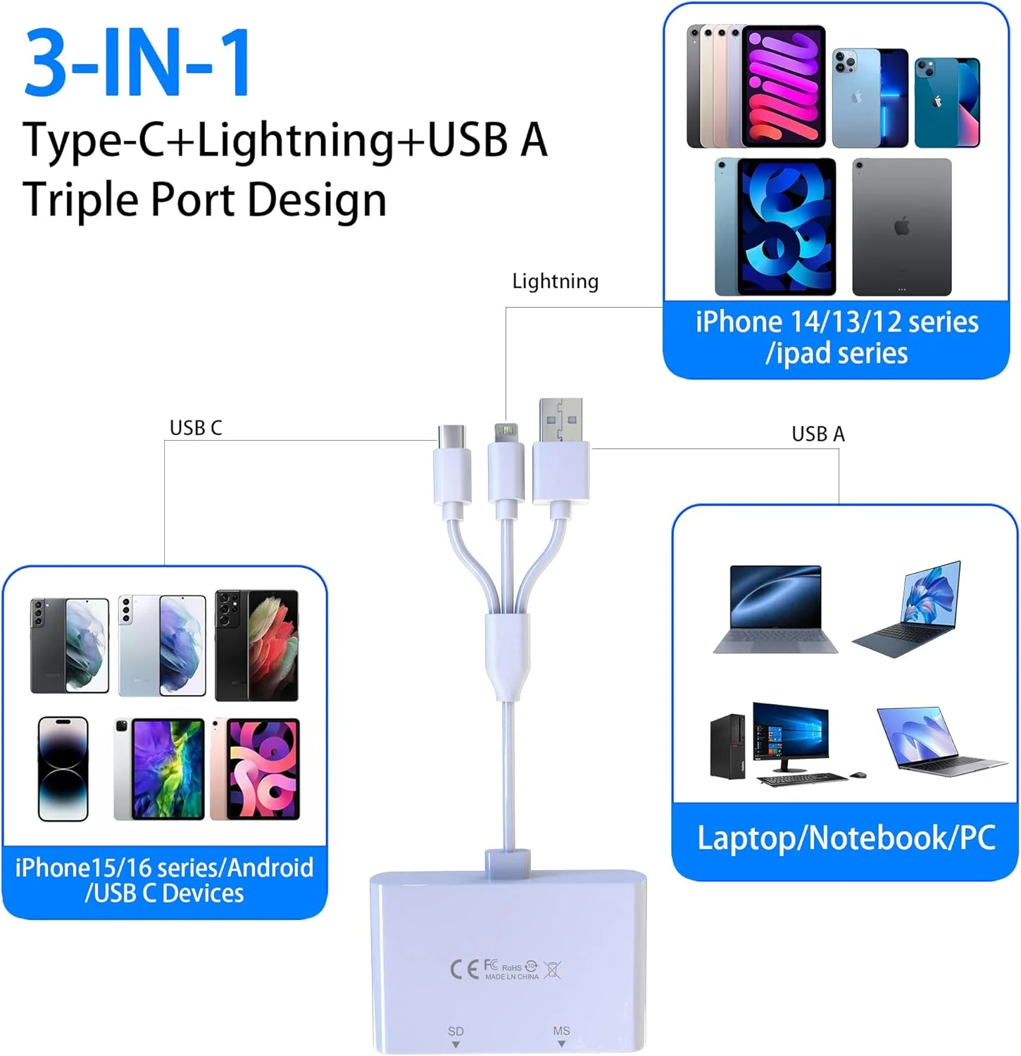 آداپتور کارت حافظه پرو Duo برای آیفون/اندروید/کامپیوتر، کارت خوان 4 در 1 SD/TF/MS/XD با کانکتور لایتنینگ/USB/USB-C، کارت خوان پرو Duo برای اتصال و استفاده آسان آداپتور کارت حافظه پرو Duo برای آیفون/اندروید/کامپیوتر، کارت خوان 4 در 1 SD/TF/MS/XD با کانکتور لایتنینگ/USB/USB-C، کارت خوان پرو Duo برای اتصال و استفاده آسان