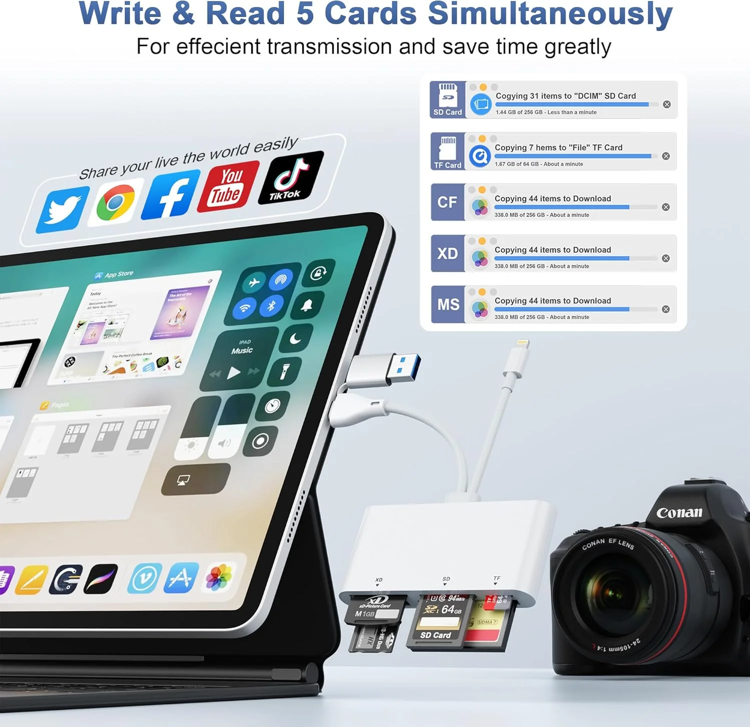 کارت خوان حافظه 5 در 3 - آداپتور کارت خوان SD USB 3.0 OTG با اسلات های چندگانه کارت برای دستگاه های USB C/Lightning/USB A، پشتیبانی از خواندن و نوشتن SD/Micro SD(TF)/CF/XD/MS، اتصال و پخش کارت خوان حافظه 5 در 3 - آداپتور کارت خوان SD USB 3.0 OTG با اسلات های چندگانه کارت برای دستگاه های USB C/Lightning/USB A، پشتیبانی از خواندن و نوشتن SD/Micro SD(TF)/CF/XD/MS، اتصال و پخش