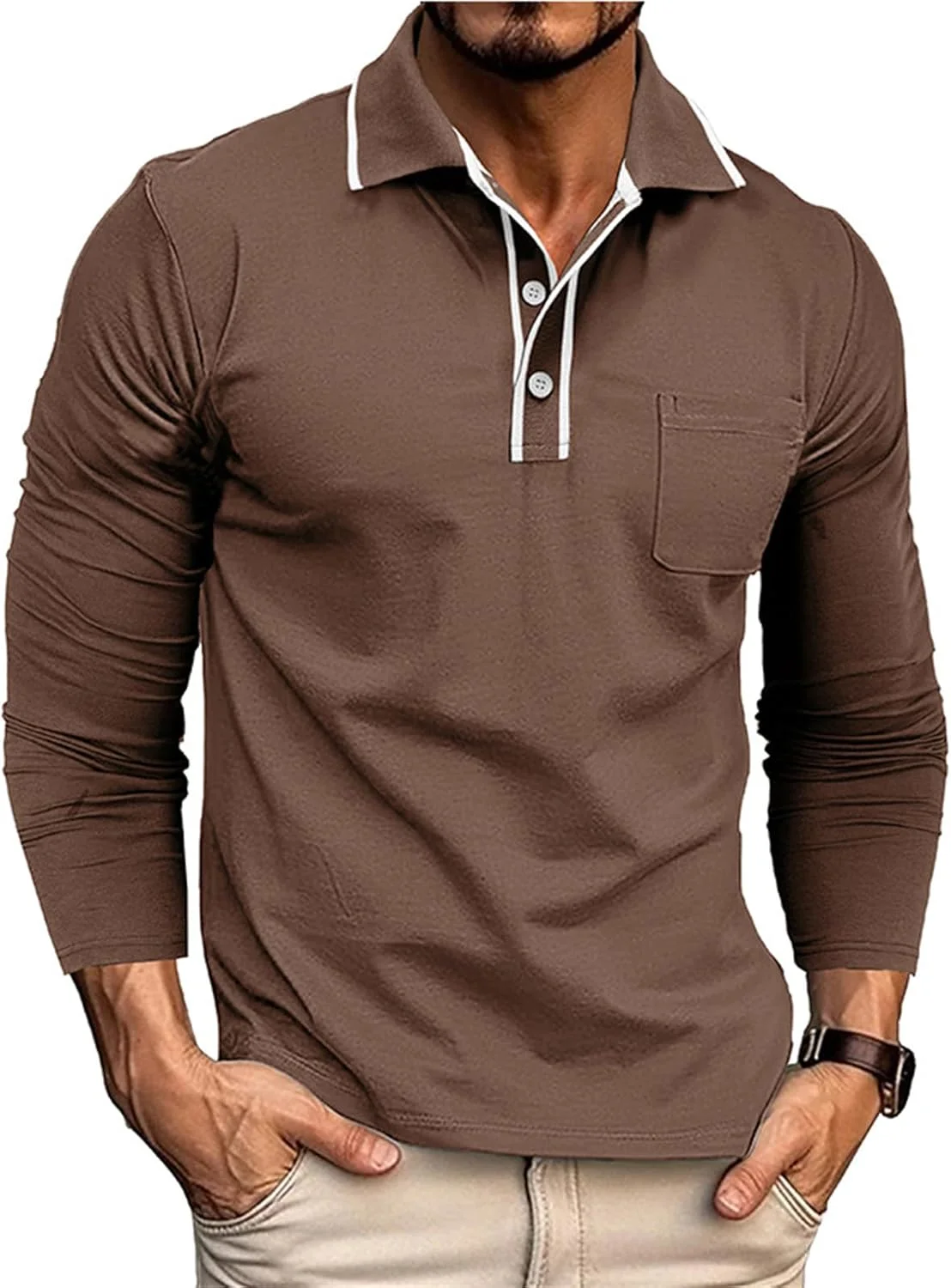 پولوشرت آستین بلند مردانه، دکمه دار، یقه دار، رنگ ثابت، مناسب گلف، تیشرت با جیب