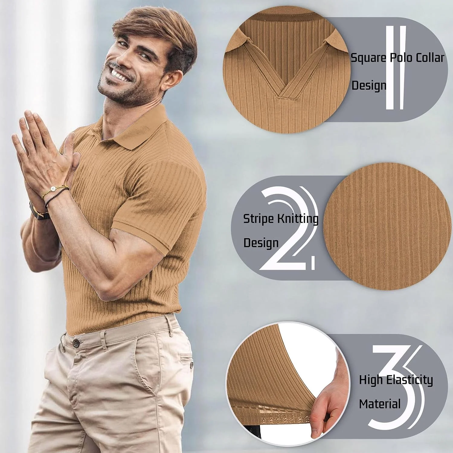 تیشرتهای عضلانی یقه دار مردانه بافتنی راه راه آستین کوتاه، تی شرت های یقه هفت مردانه شیک و غیر رسمی تیشرتهای عضلانی یقه دار مردانه بافتنی راه راه آستین کوتاه، تی شرت های یقه هفت مردانه شیک و غیر رسمی