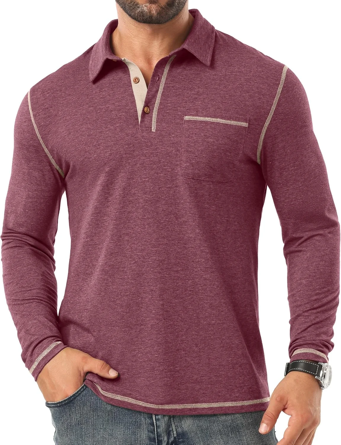 پیراهن پولو آستین بلند مردانه Sailwind، پنبه ای، شیک، غیر رسمی، کلاسیک، یقه دار، مناسب گلف