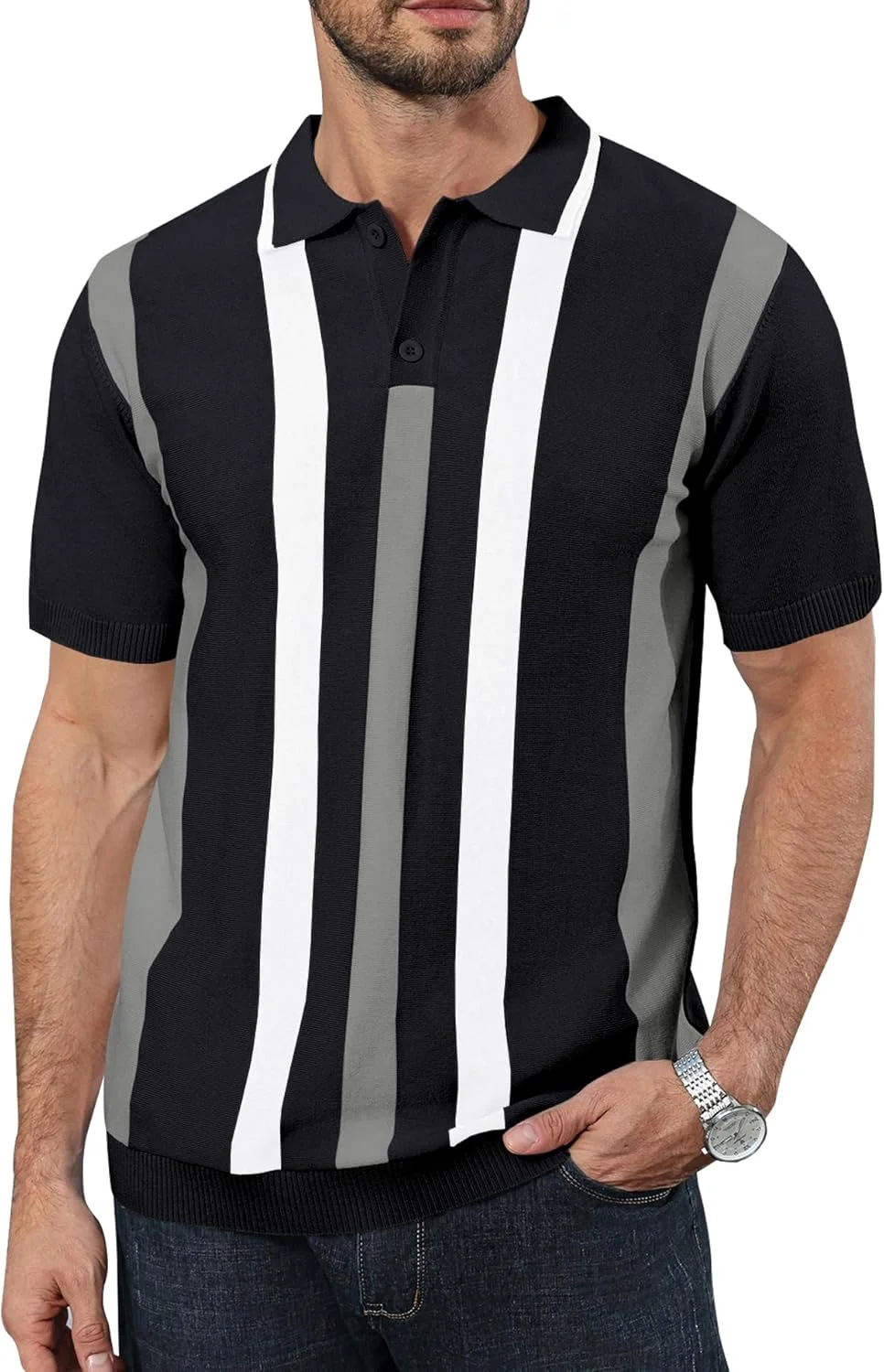 پولوشرت آستین کوتاه مردانه Ryehack، بافتنی، راه راه، دکمه دار، مناسب تعطیلات گلف و استایل اسلیم فیت